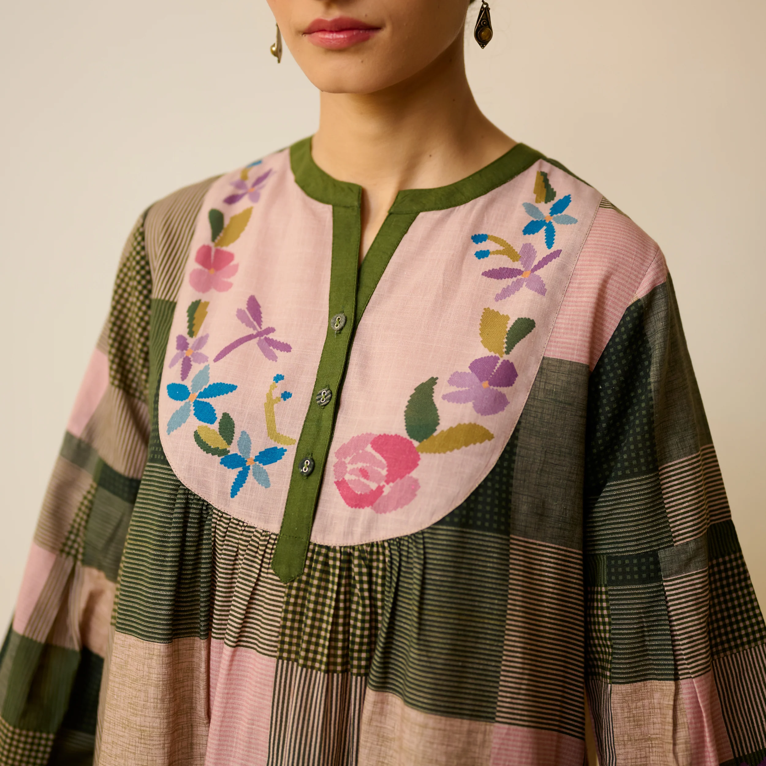 Garden Flora Fine Slub Cotton Kurta Set - Moss Green and Hues - Image 4