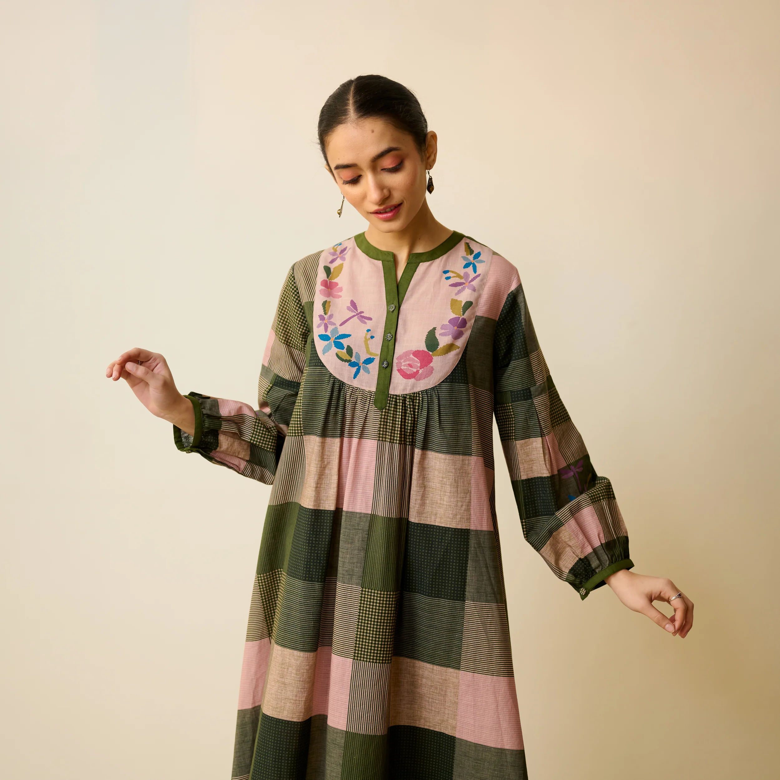 Garden Flora Fine Slub Cotton Kurta Set - Moss Green and Hues - Image 5