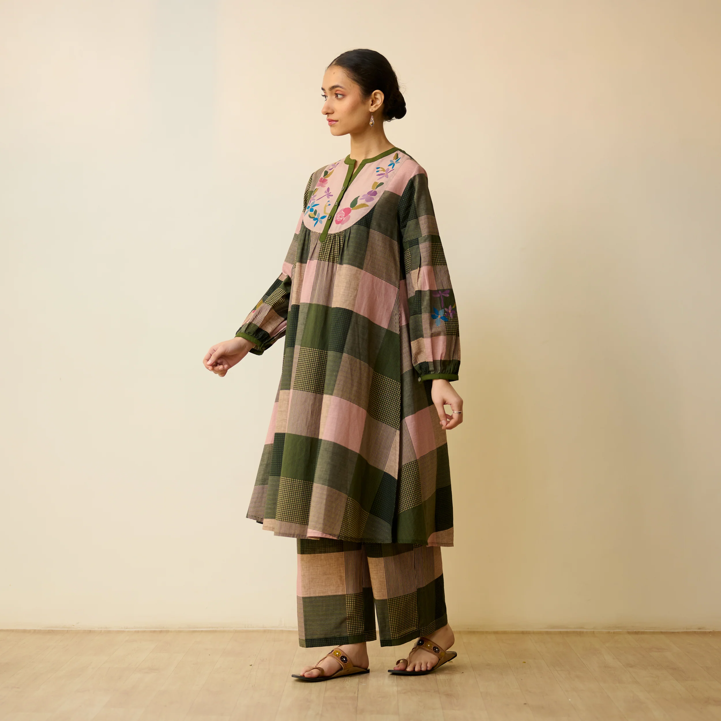 Garden Flora Fine Slub Cotton Kurta Set - Moss Green and Hues - Image 6