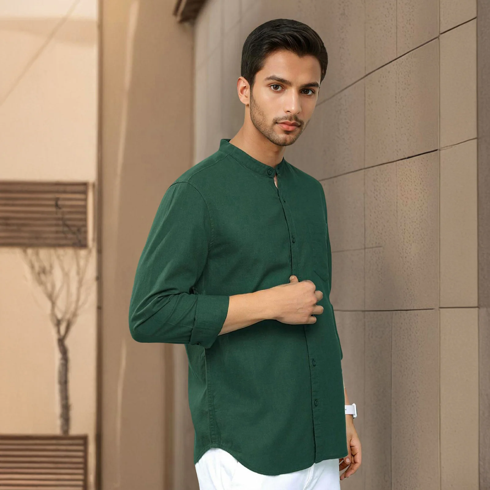 Green Mandarin Collar Solid Linen Cotton Shirt for Men - Image 2