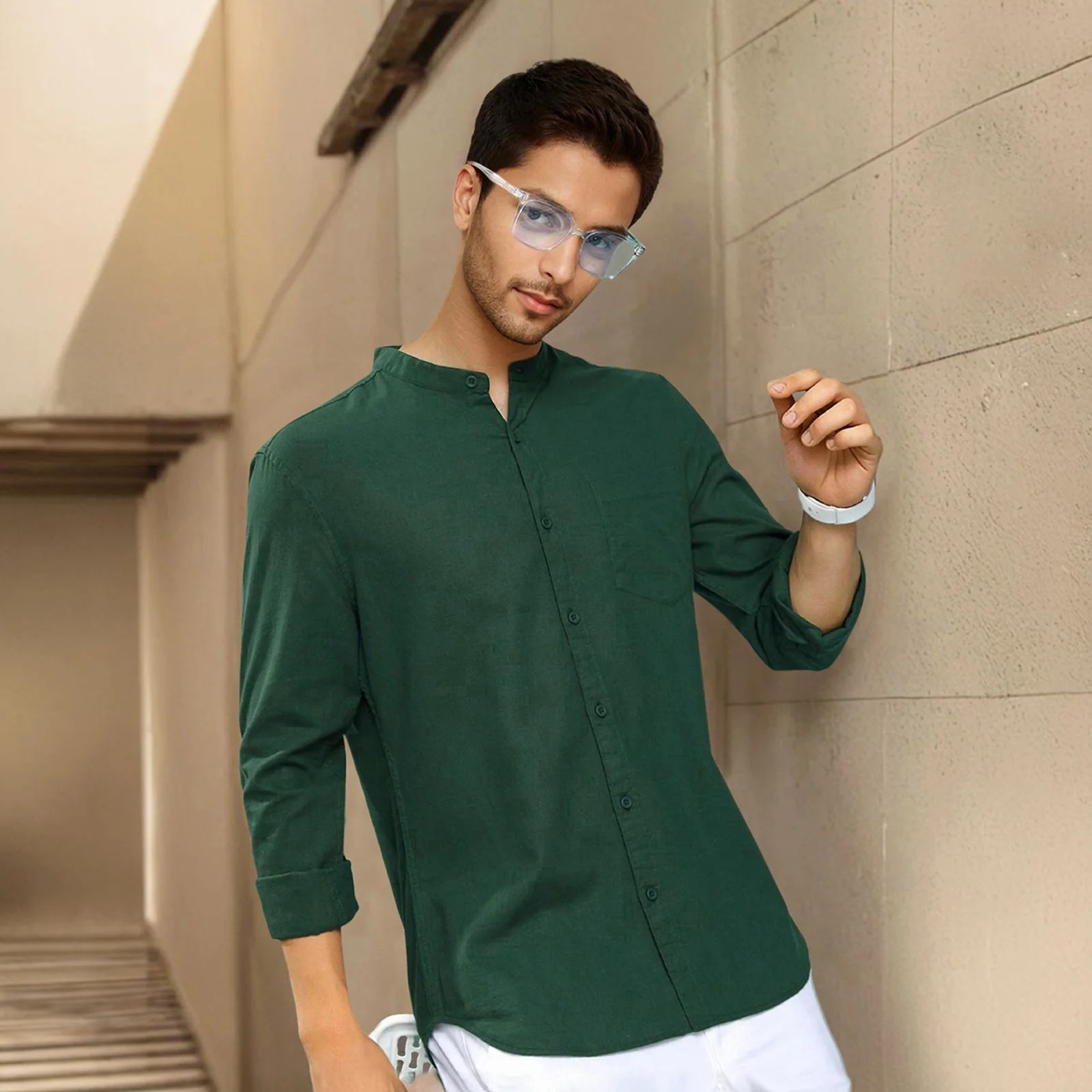 Green Mandarin Collar Solid Linen Cotton Shirt for Men - Image 3