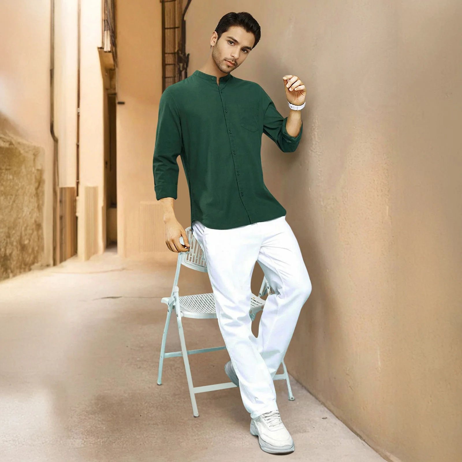 Green Mandarin Collar Solid Linen Cotton Shirt for Men - Image 4