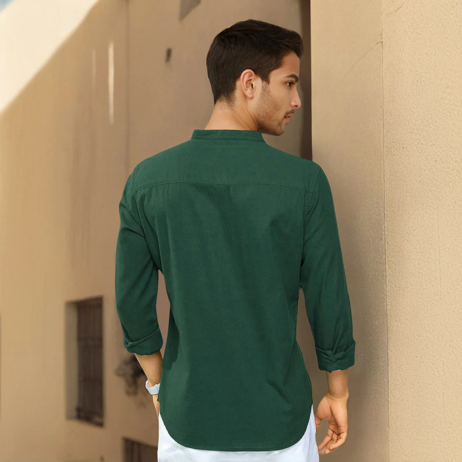 Green Mandarin Collar Solid Linen Cotton Shirt for Men - Image 5