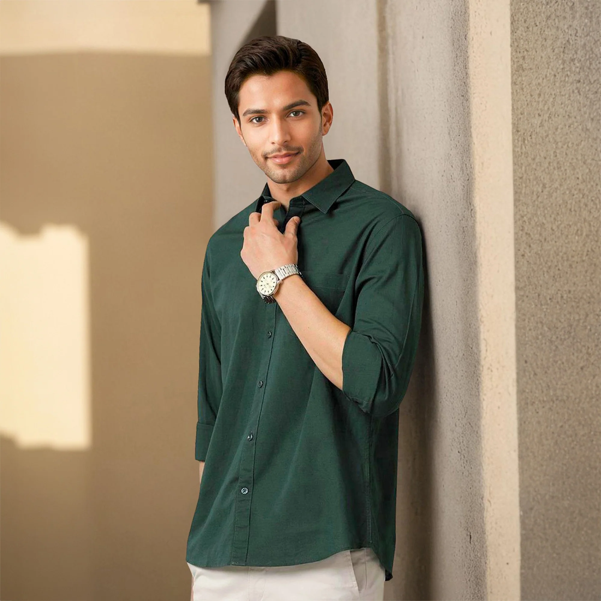Green Solid Linen Cotton Shirt for Men - Image 2