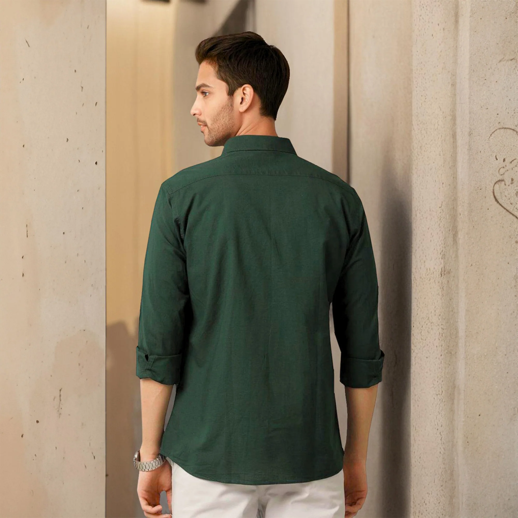 Green Solid Linen Cotton Shirt for Men - Image 3