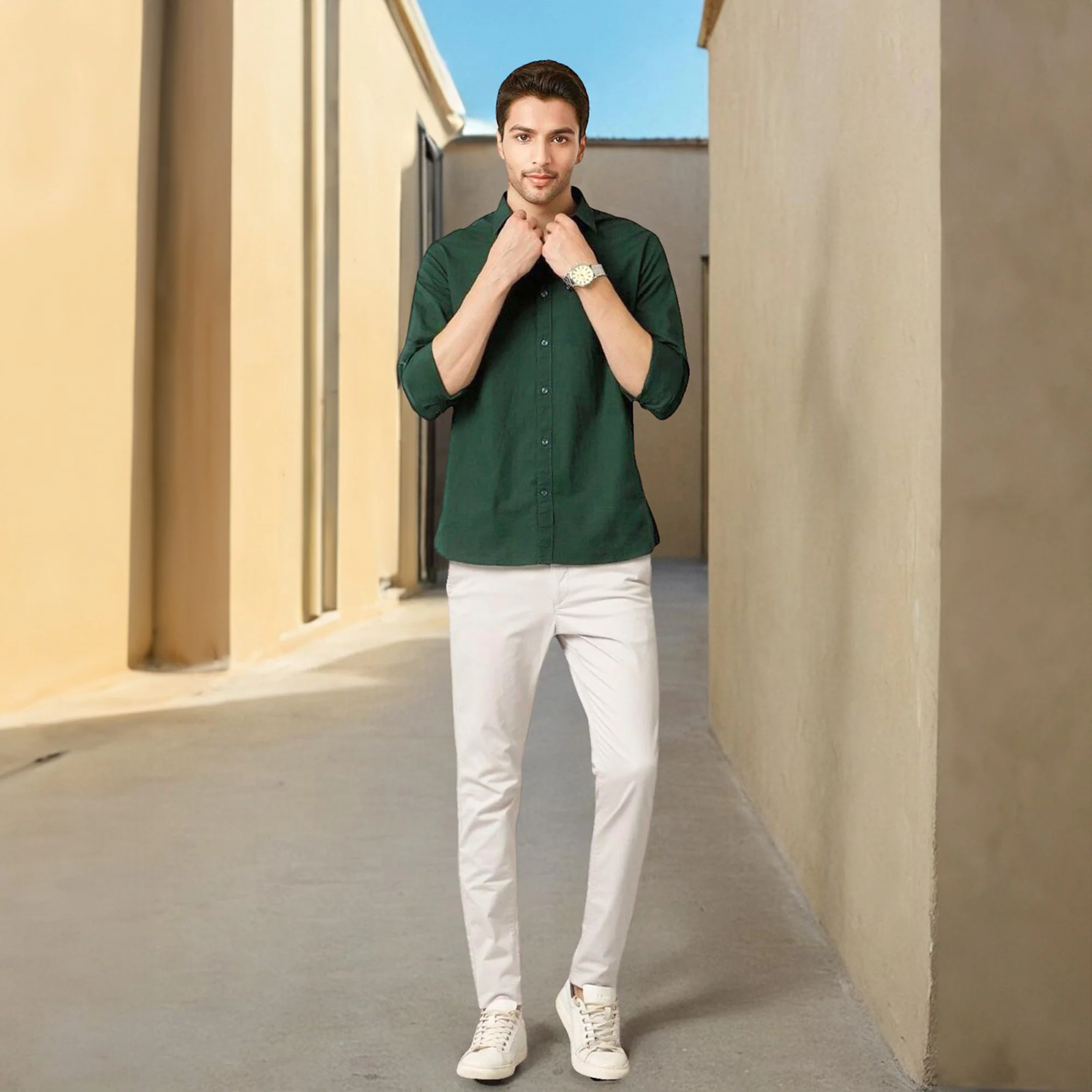 Green Solid Linen Cotton Shirt for Men - Image 4