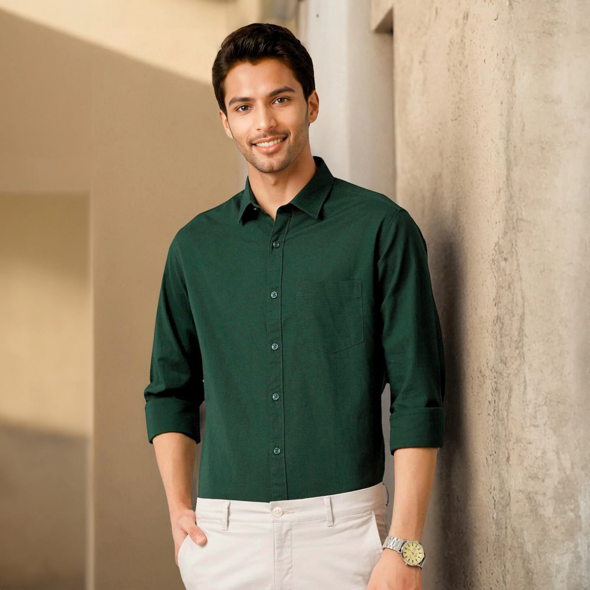 Green Solid Linen Cotton Shirt for Men - Image 5