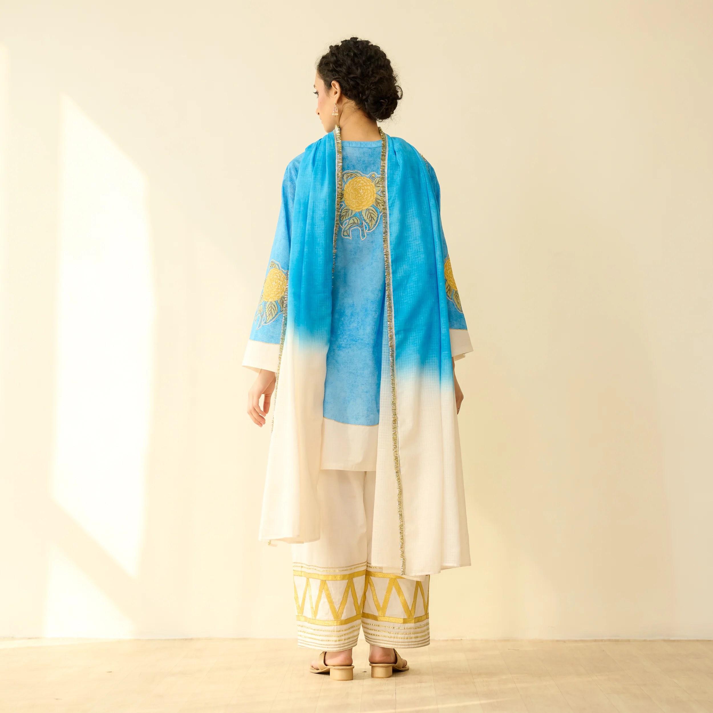 Gulabo Semi Festive Mulmul Cotton Salwar Set with Dupatta - Asmani Blue - Image 4
