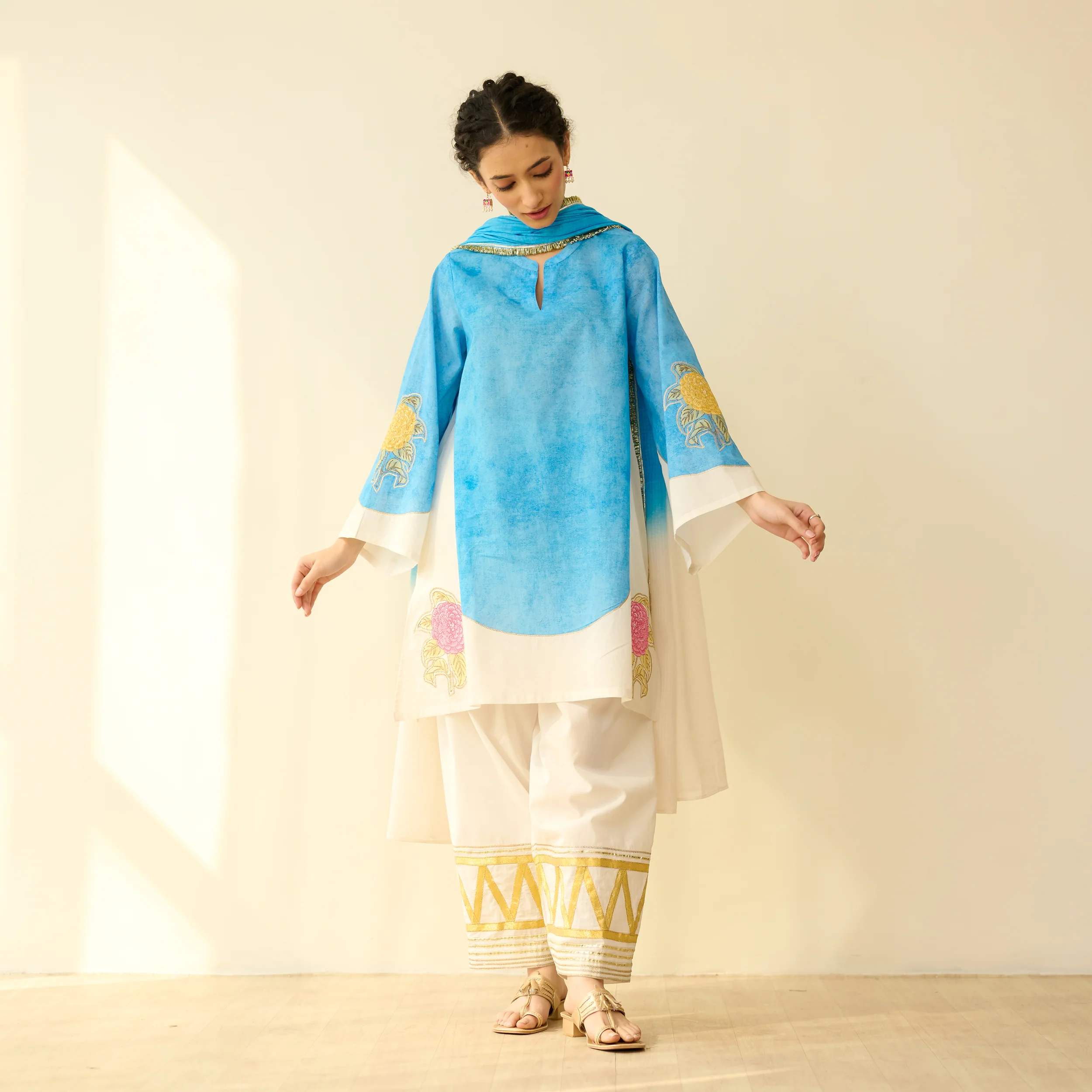 Gulabo Semi Festive Mulmul Cotton Salwar Set with Dupatta - Asmani Blue - Image 5