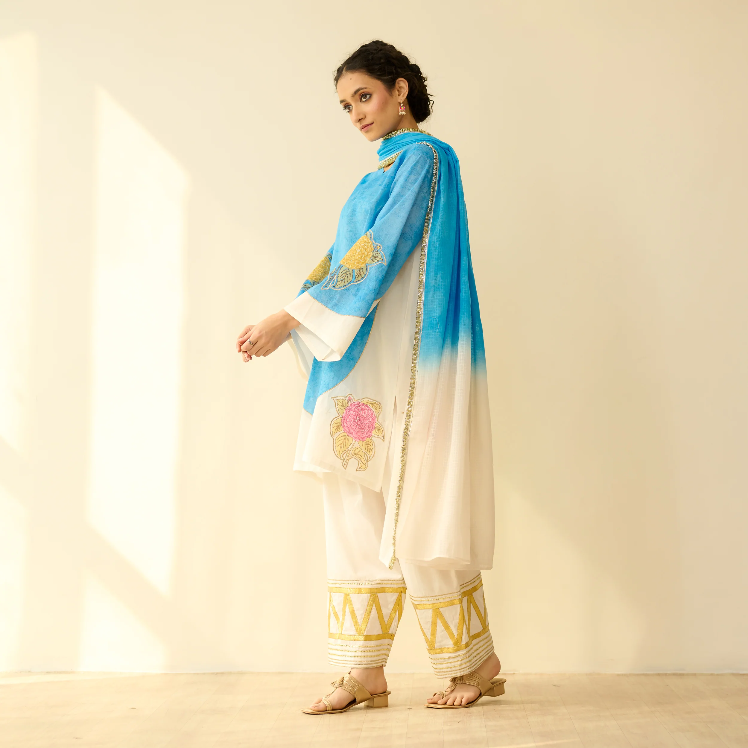 Gulabo Semi Festive Mulmul Cotton Salwar Set with Dupatta - Asmani Blue - Image 7