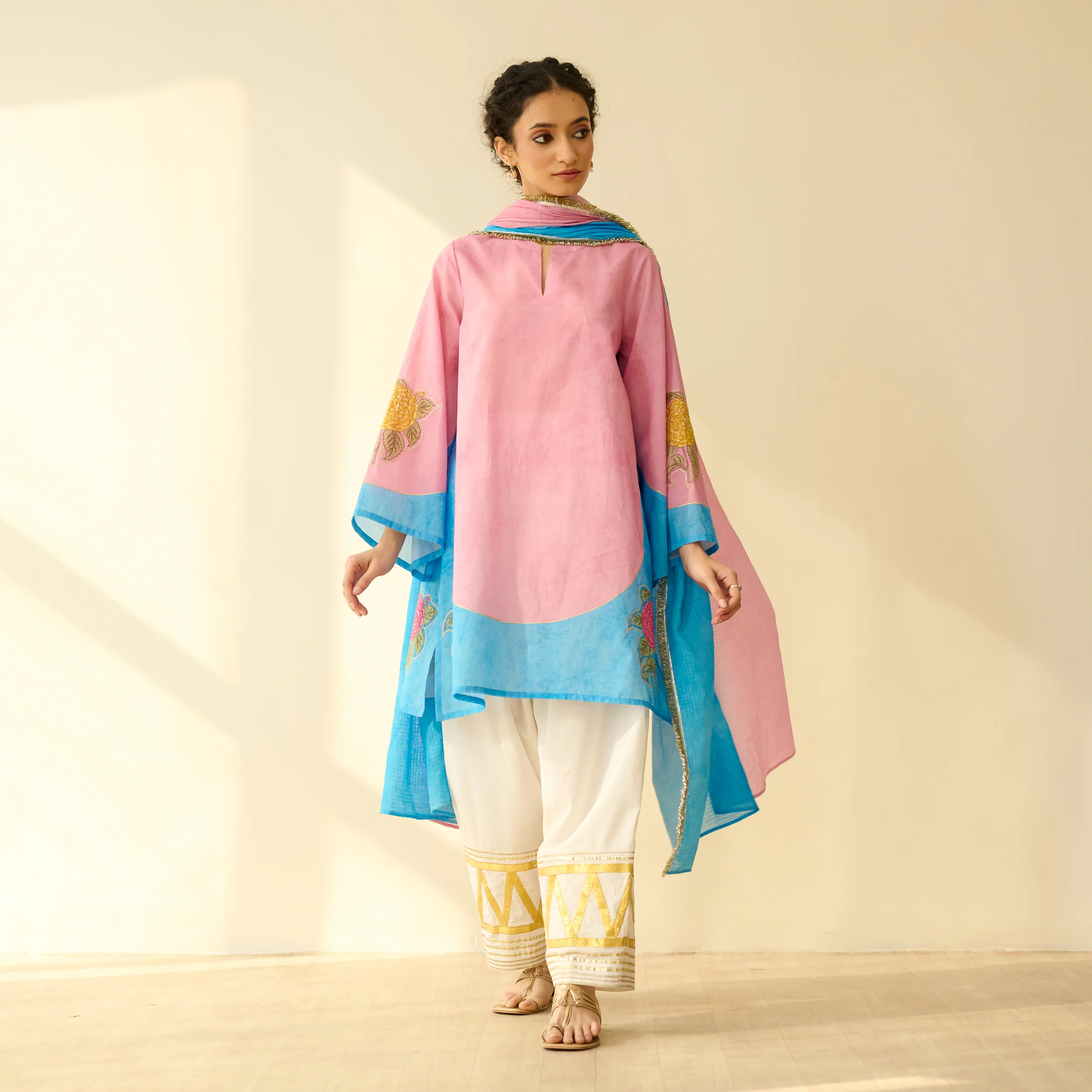 Gulabo Semi Festive Mulmul Cotton Salwar Set with Dupatta - Asmani Blue & Makhmali Pink