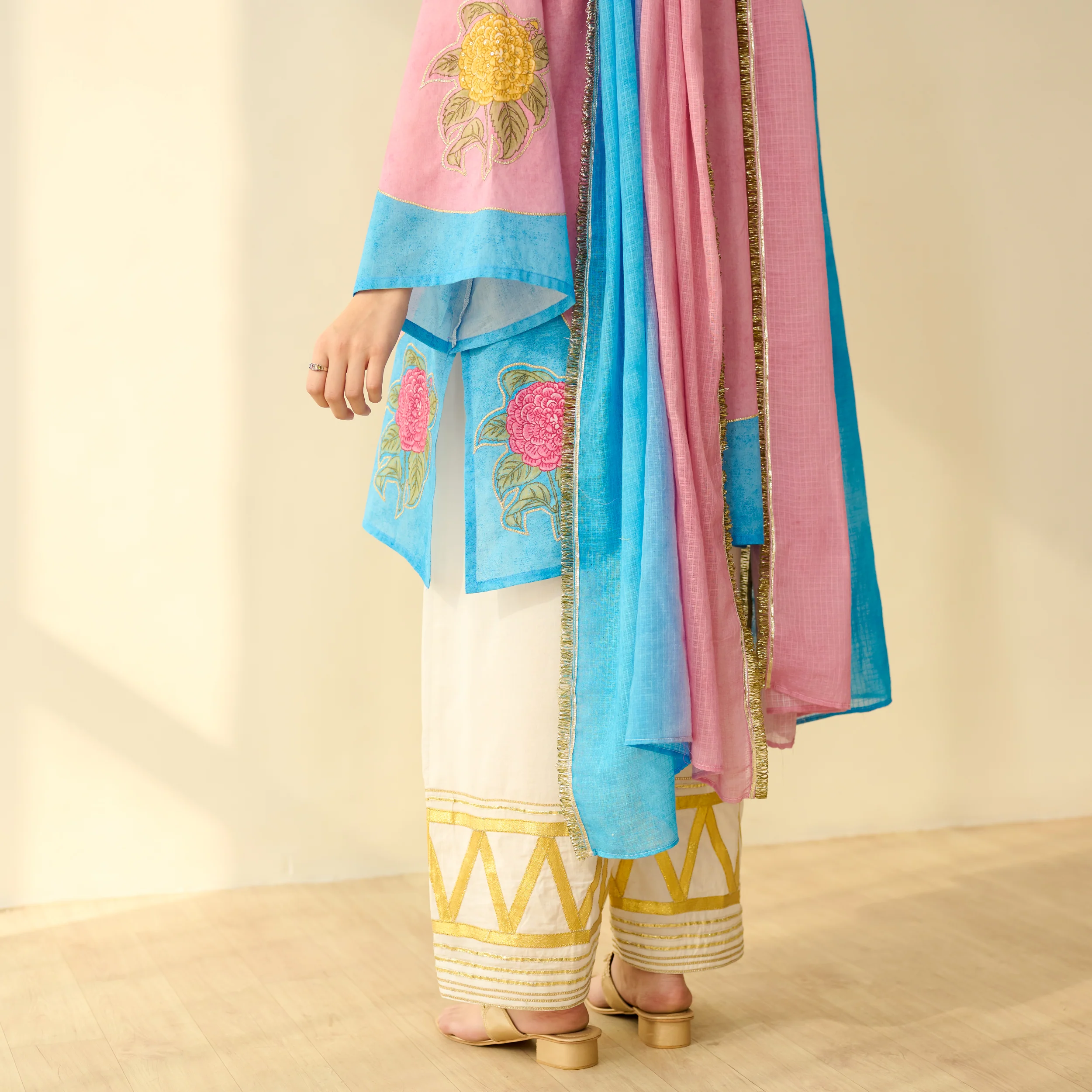Gulabo Semi Festive Mulmul Cotton Salwar Set with Dupatta - Asmani Blue & Makhmali Pink - Image 2