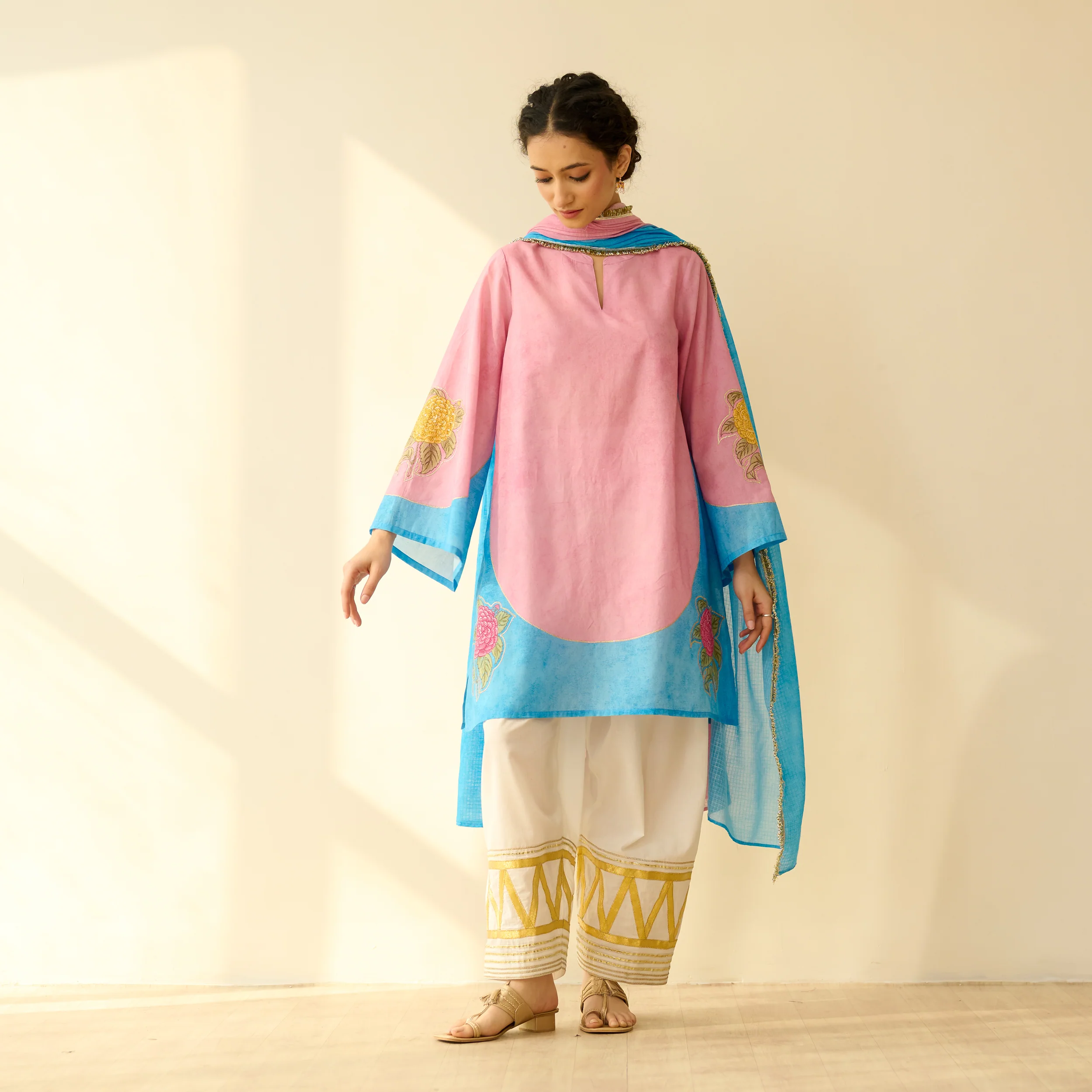 Gulabo Semi Festive Mulmul Cotton Salwar Set with Dupatta - Asmani Blue & Makhmali Pink - Image 4