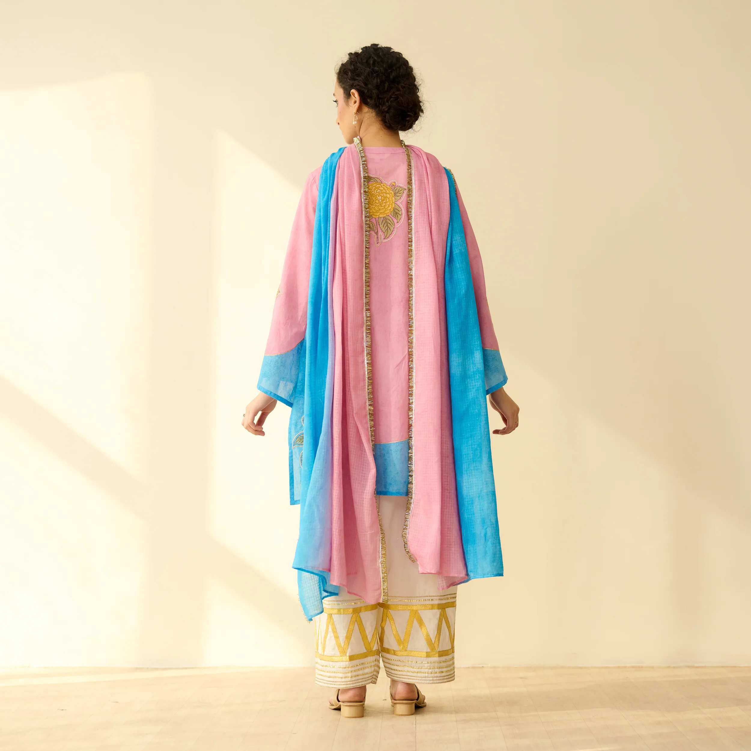 Gulabo Semi Festive Mulmul Cotton Salwar Set with Dupatta - Asmani Blue & Makhmali Pink - Image 5
