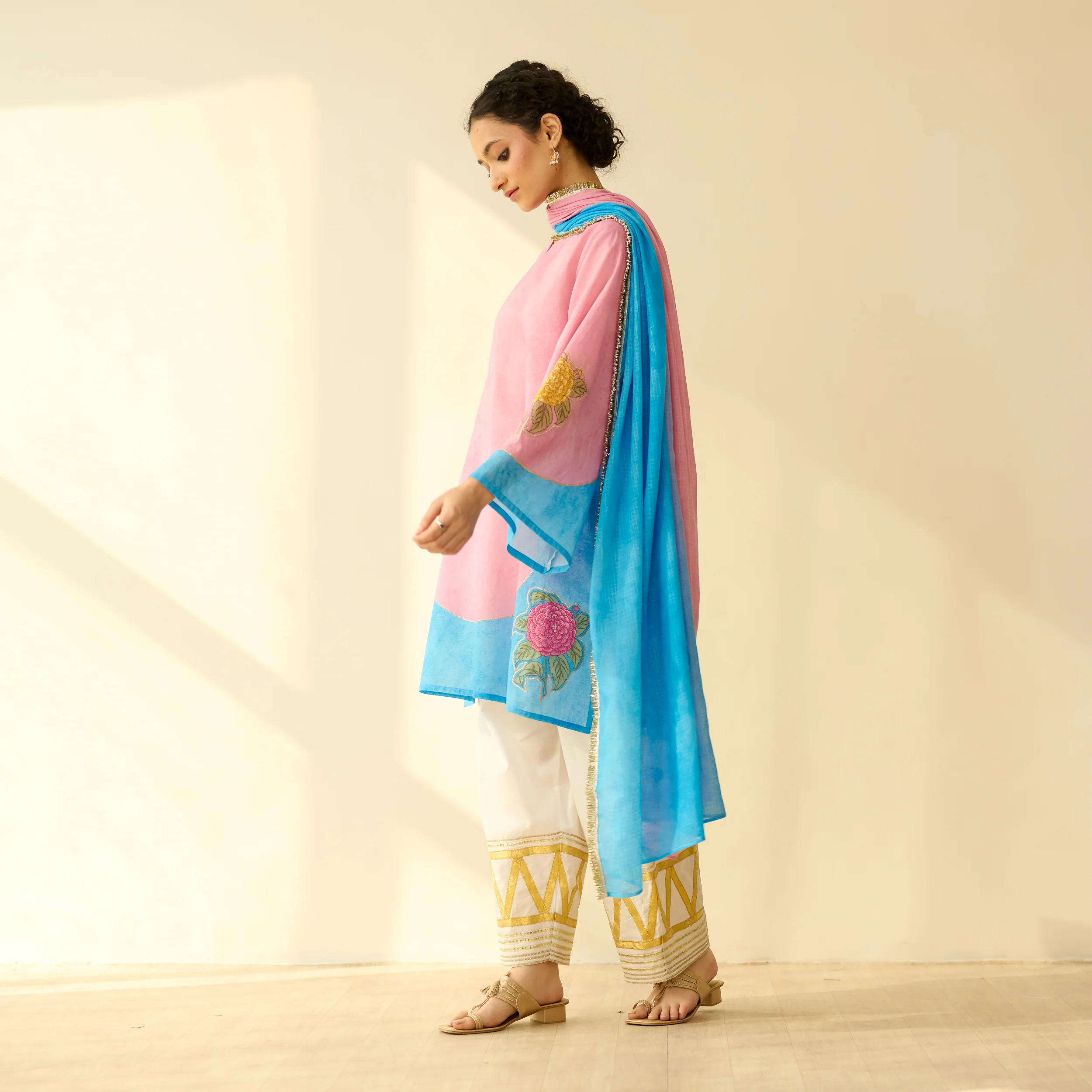 Gulabo Semi Festive Mulmul Cotton Salwar Set with Dupatta - Asmani Blue & Makhmali Pink - Image 6
