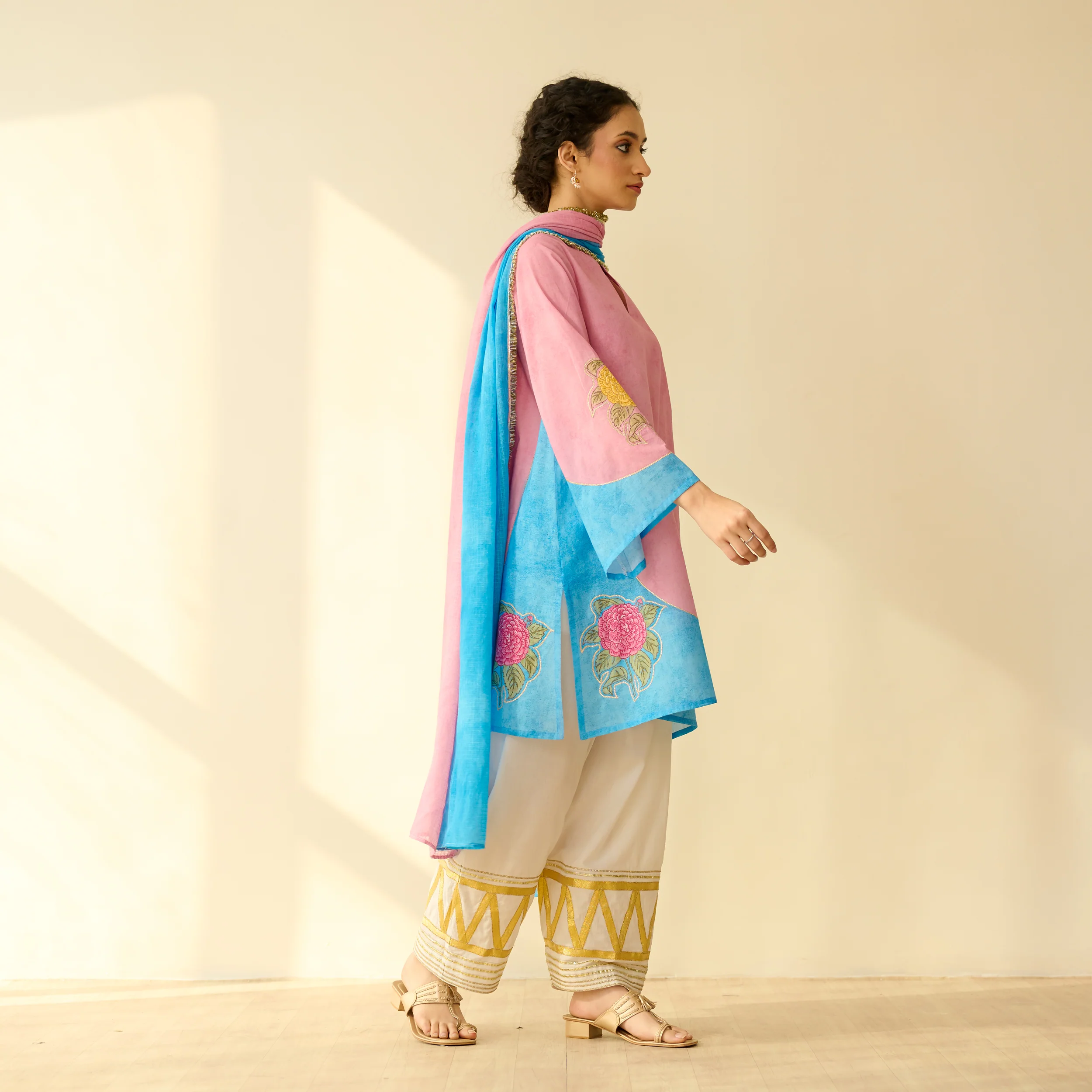 Gulabo Semi Festive Mulmul Cotton Salwar Set with Dupatta - Asmani Blue & Makhmali Pink - Image 7