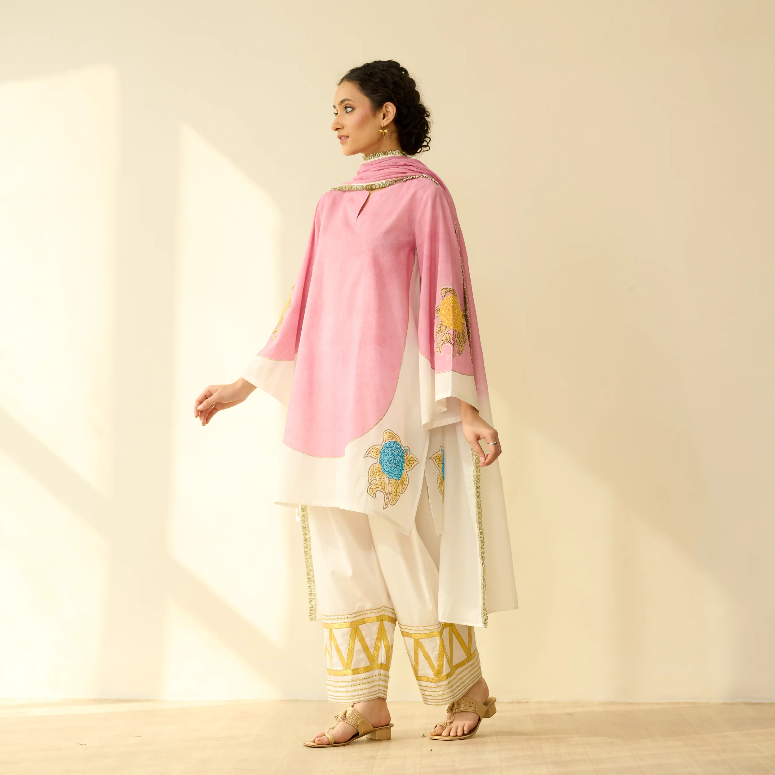 Gulabo Semi Festive Mulmul Cotton Salwar Set with Dupatta - Makhmali Pink - Image 5