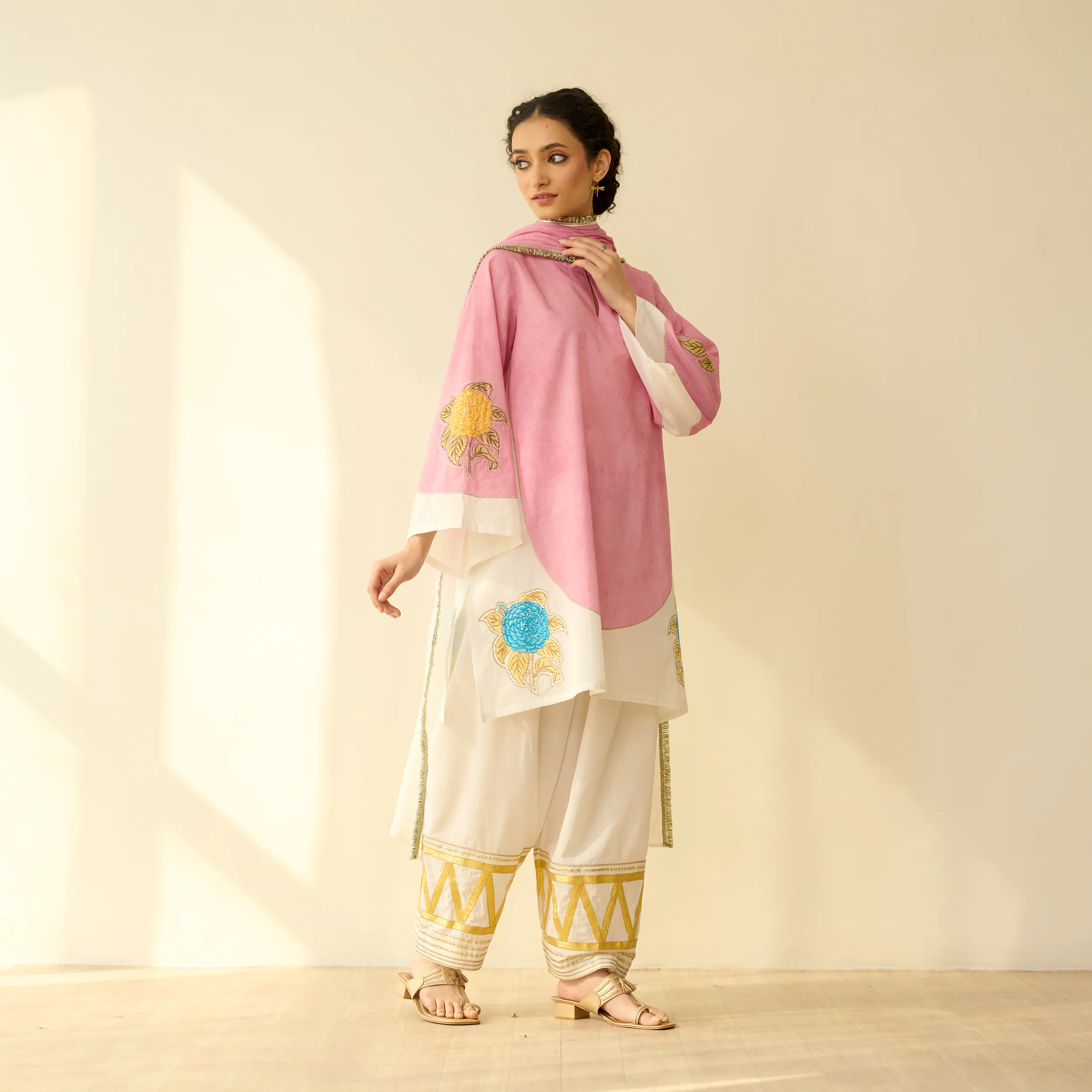 Gulabo Semi Festive Mulmul Cotton Salwar Set with Dupatta - Makhmali Pink - Image 8