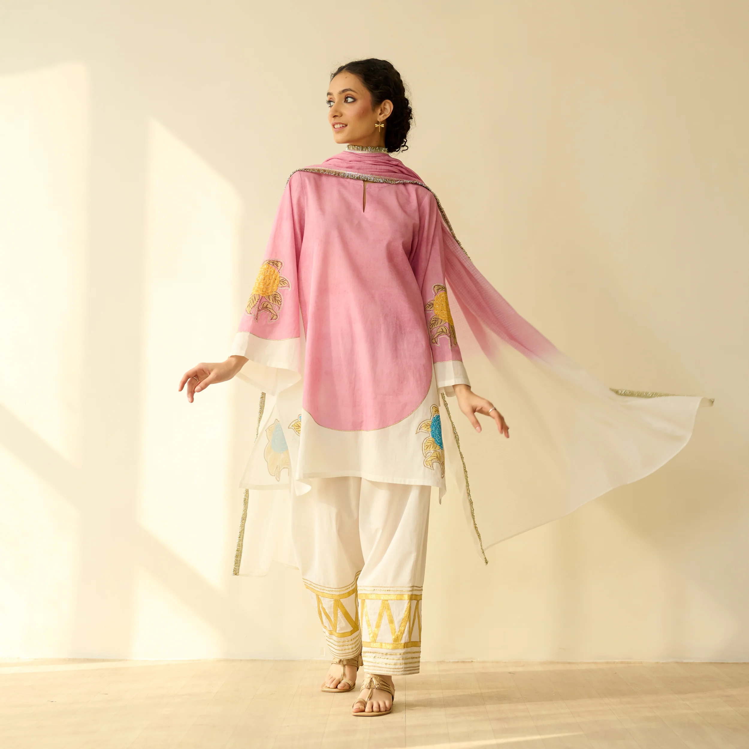 Gulabo Semi Festive Mulmul Cotton Salwar Set with Dupatta - Makhmali Pink - Image 9