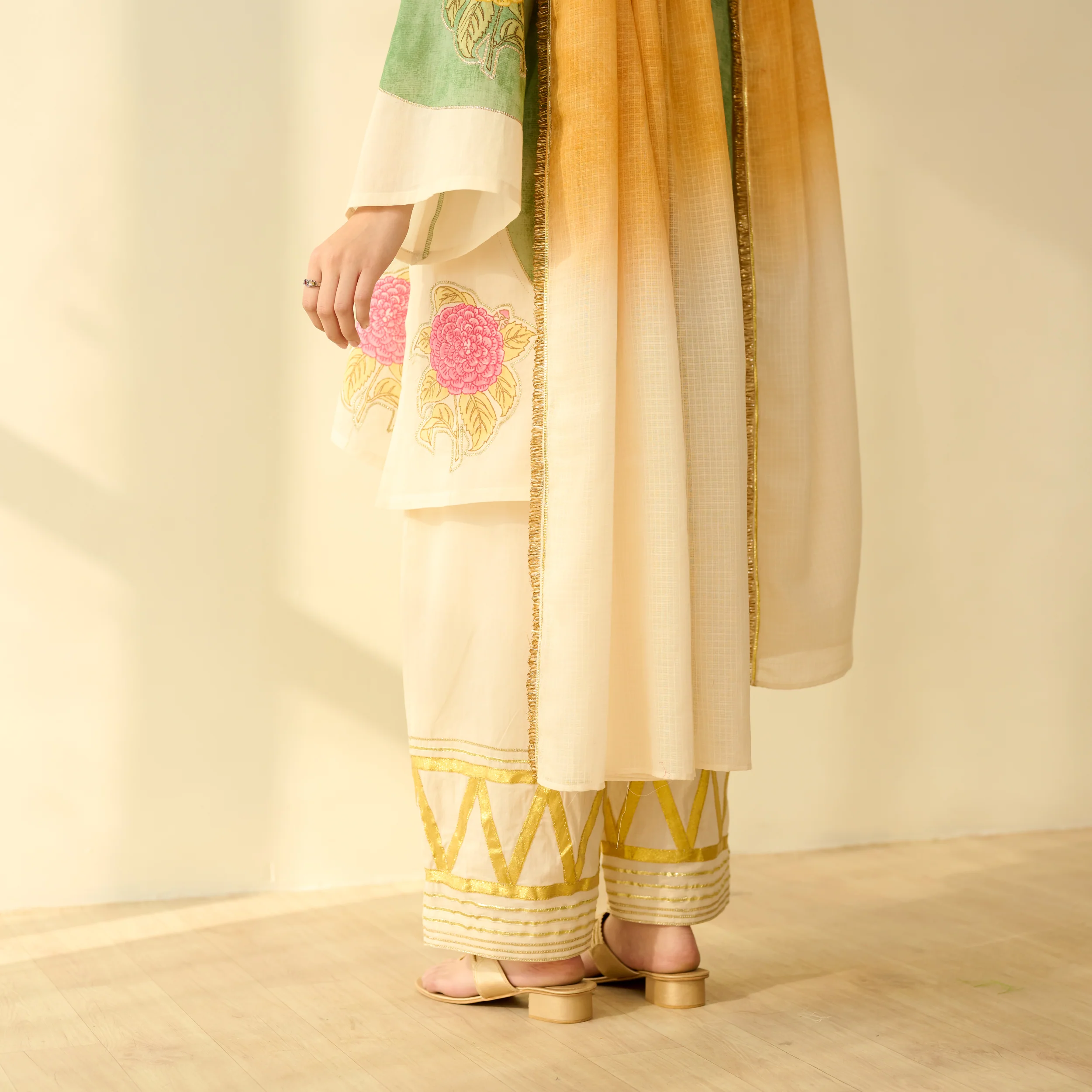 Gulabo Semi Festive Mulmul Cotton Salwar Set with Dupatta - Sage Green - Image 2