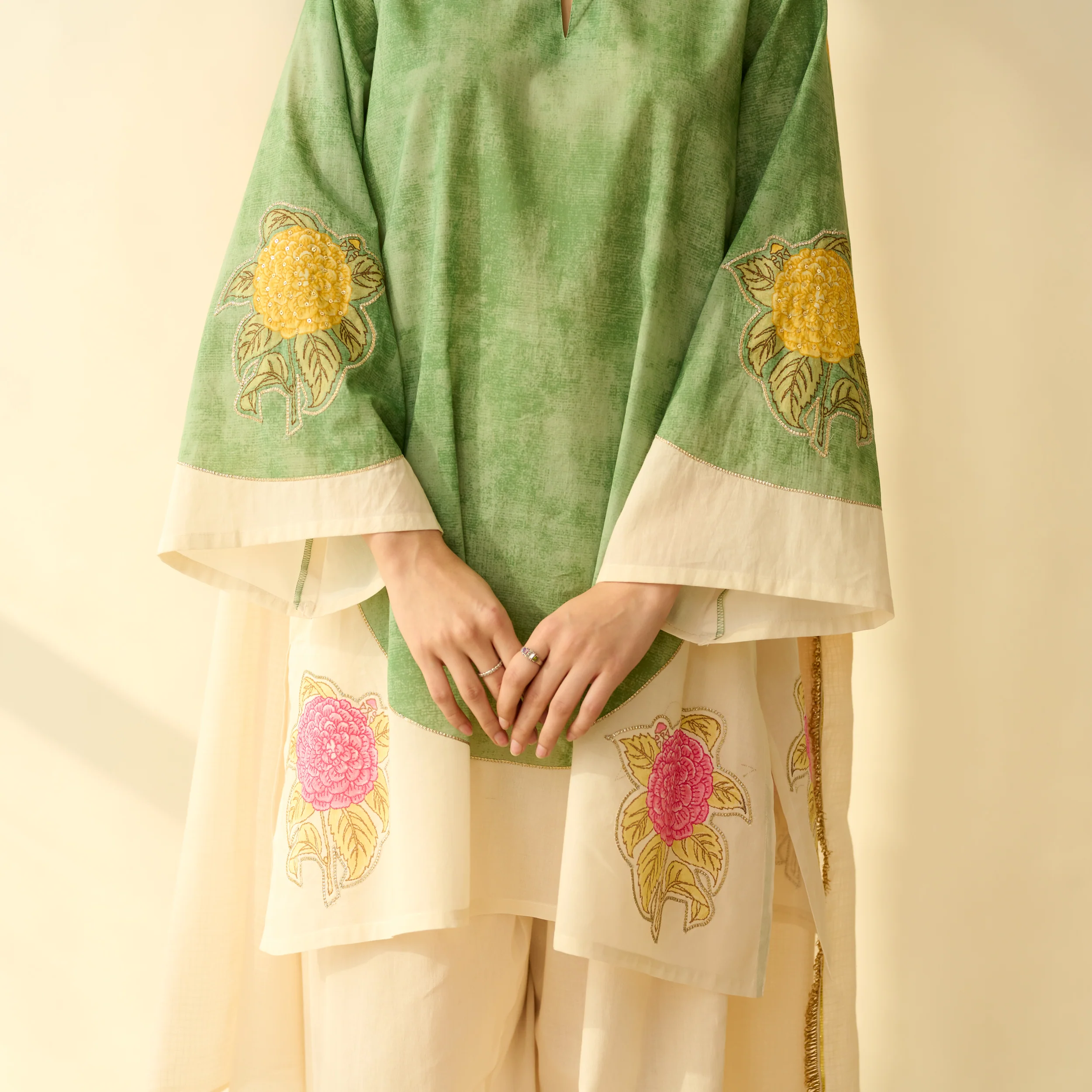 Gulabo Semi Festive Mulmul Cotton Salwar Set with Dupatta - Sage Green - Image 3