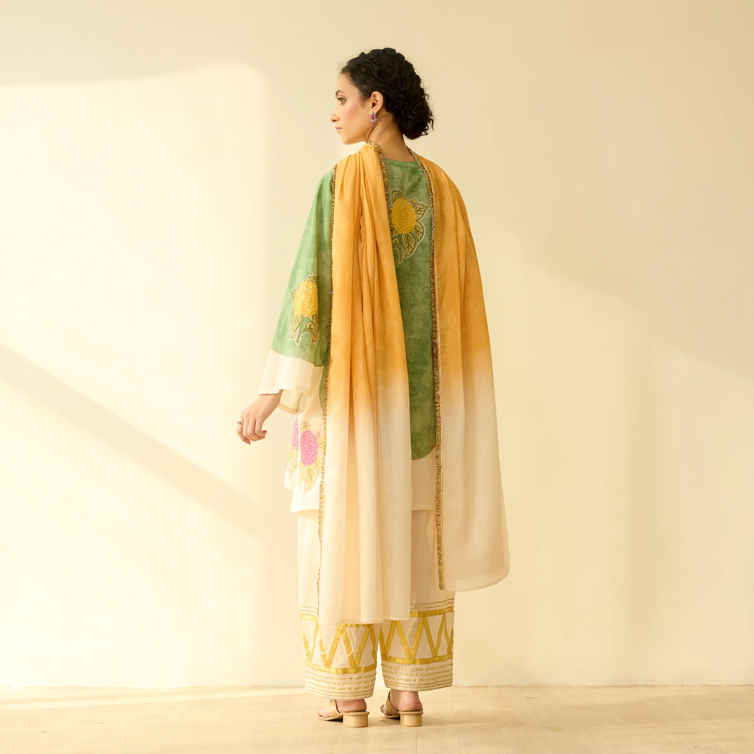 Gulabo Semi Festive Mulmul Cotton Salwar Set with Dupatta - Sage Green - Image 4