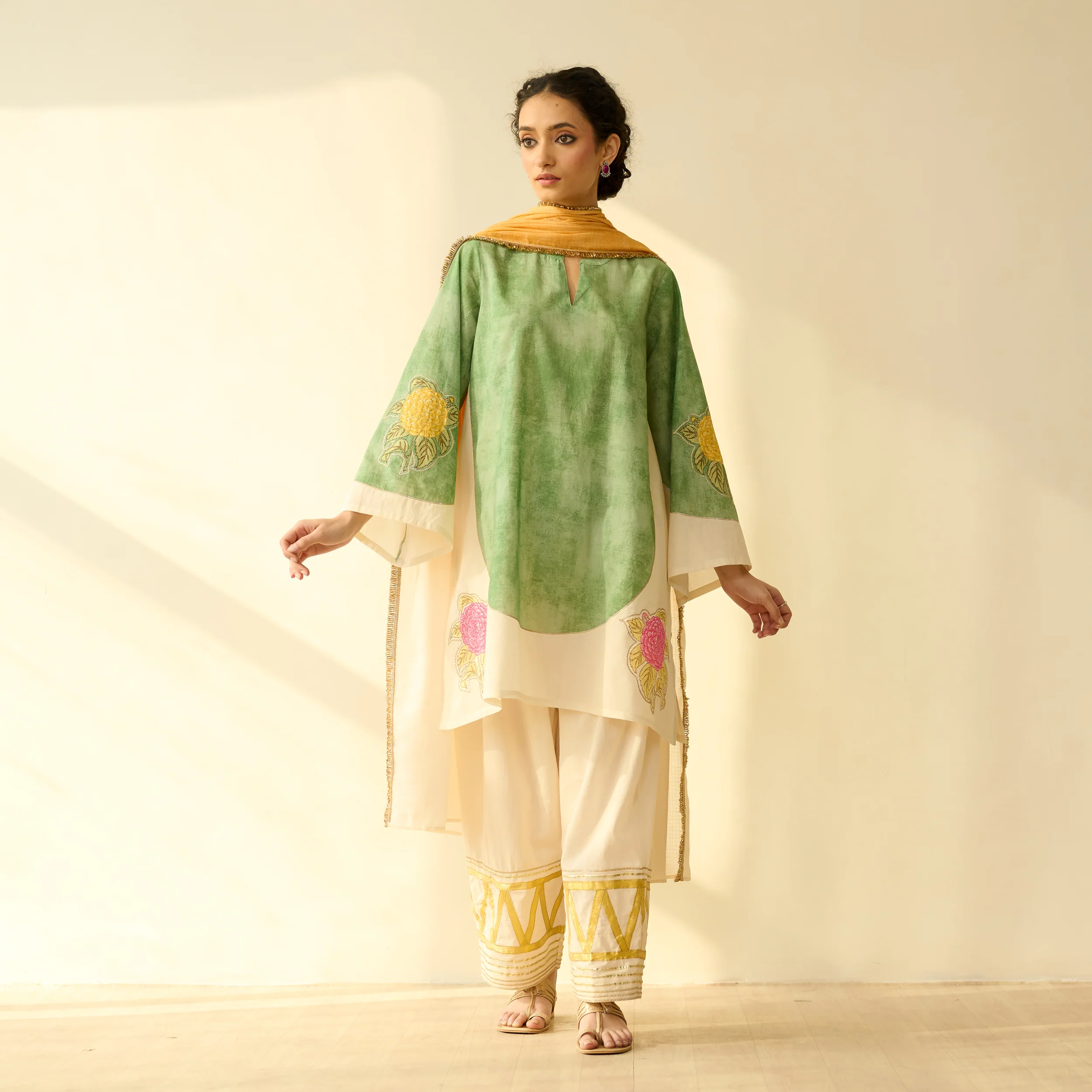 Gulabo Semi Festive Mulmul Cotton Salwar Set with Dupatta - Sage Green - Image 5
