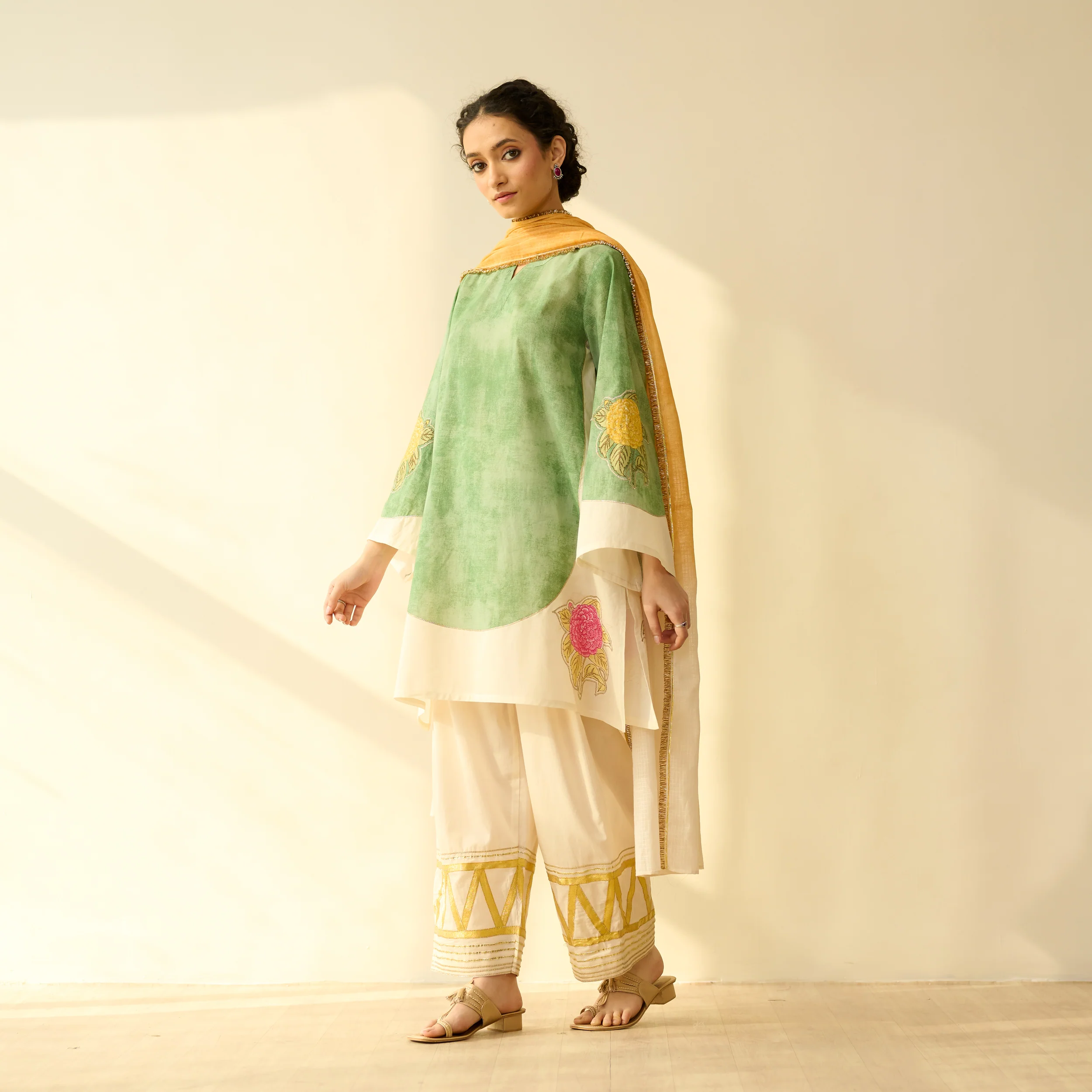 Gulabo Semi Festive Mulmul Cotton Salwar Set with Dupatta - Sage Green - Image 6