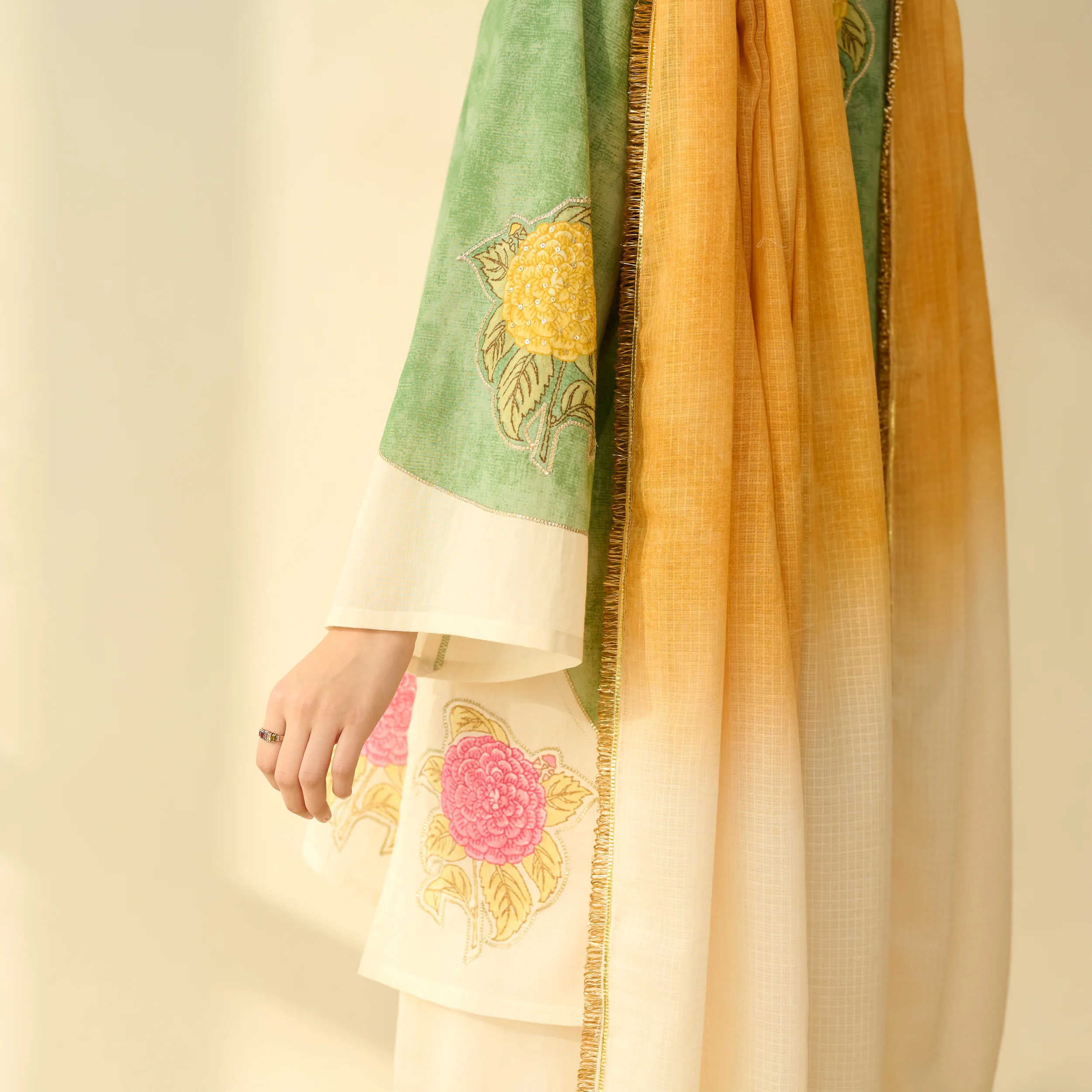 Gulabo Semi Festive Mulmul Cotton Salwar Set with Dupatta - Sage Green - Image 7