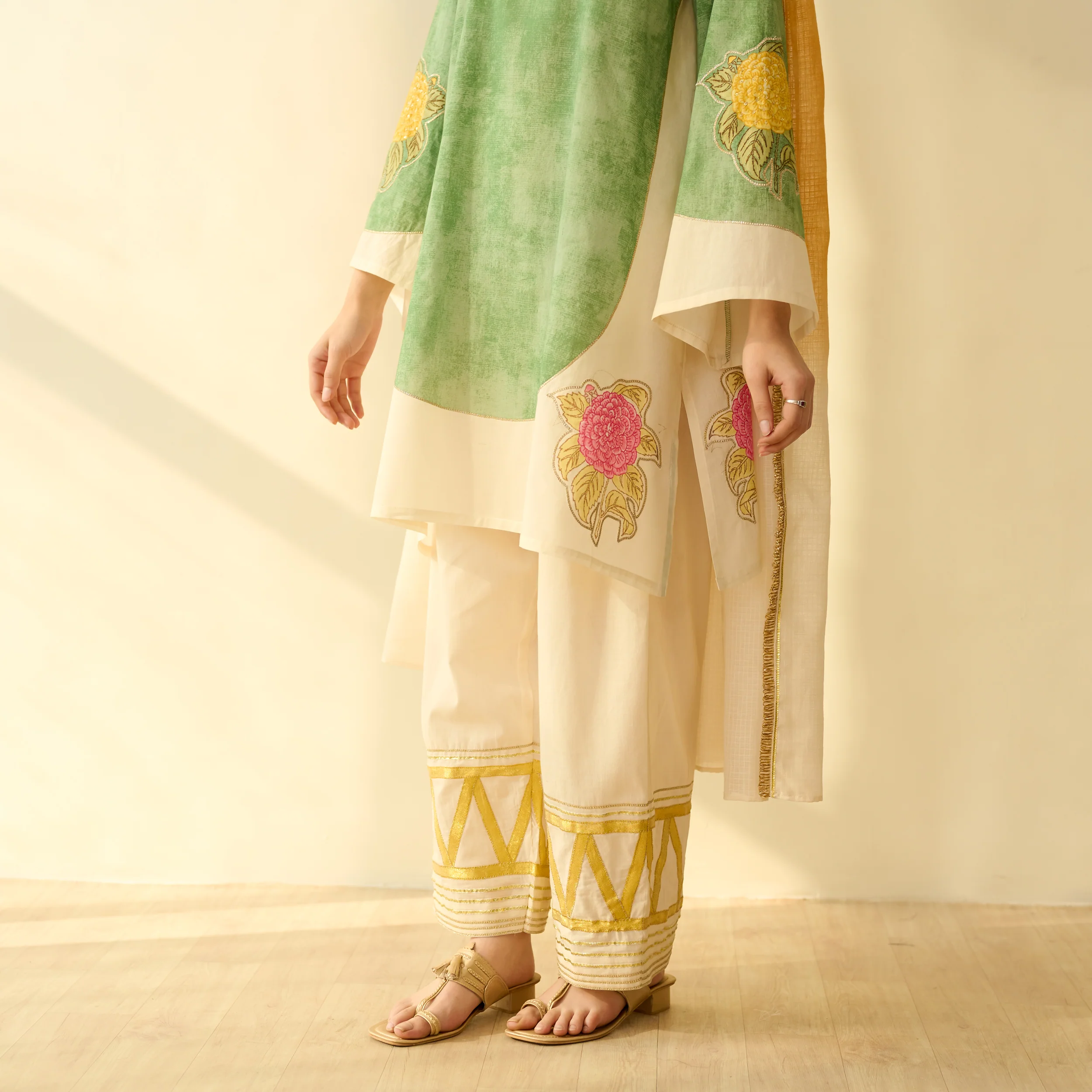 Gulabo Semi Festive Mulmul Cotton Salwar Set with Dupatta - Sage Green - Image 8