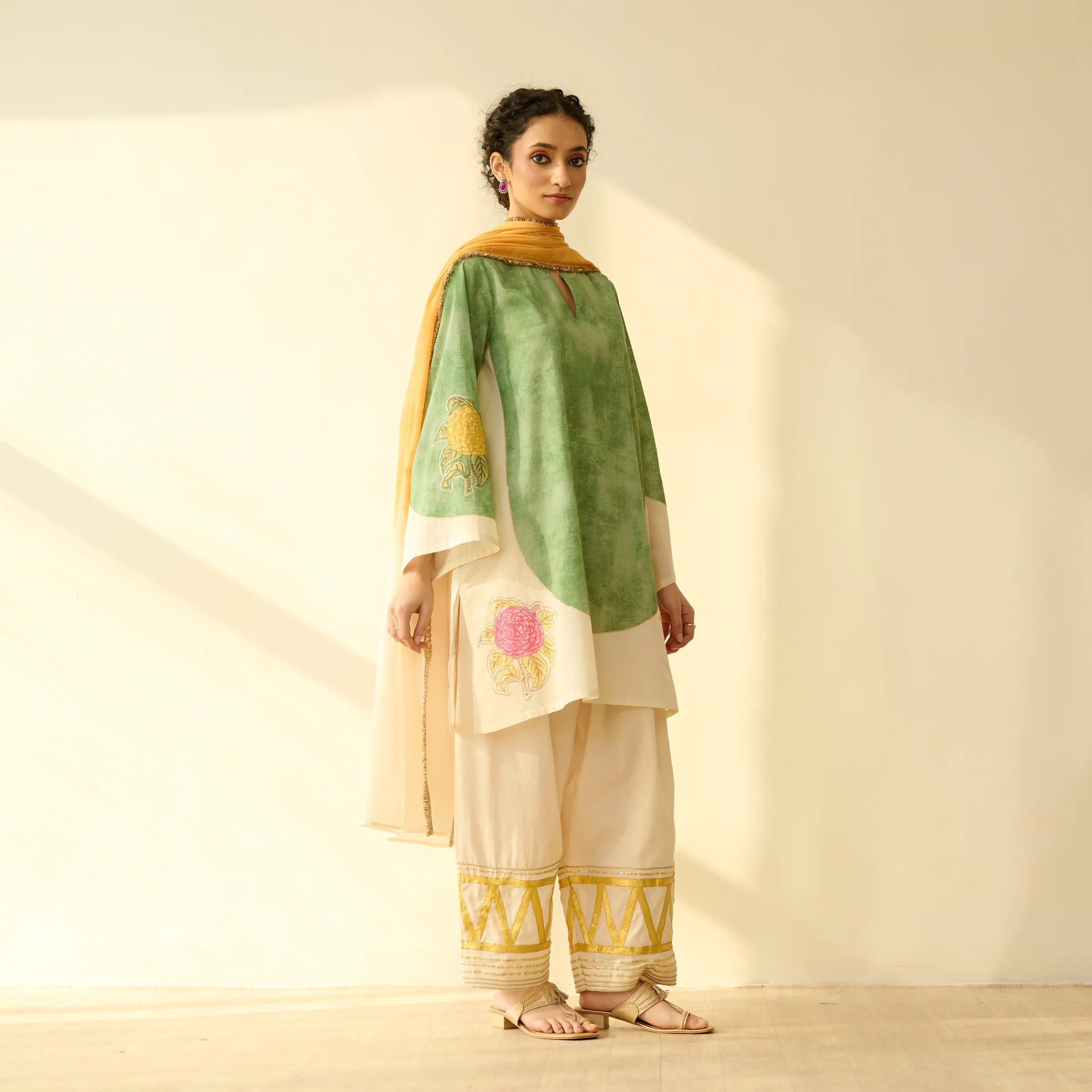 Gulabo Semi Festive Mulmul Cotton Salwar Set with Dupatta - Sage Green - Image 9