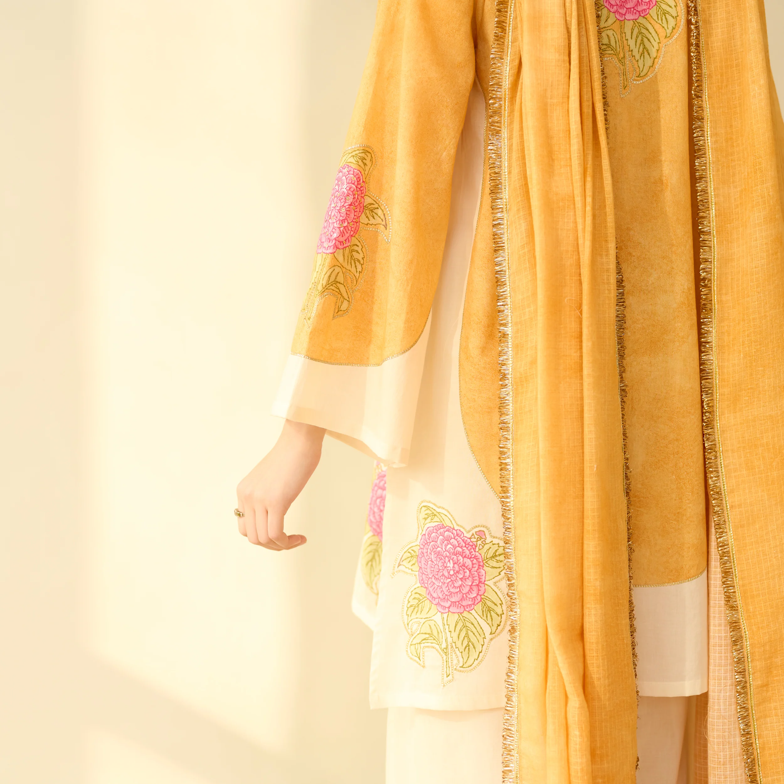 Gulabo Semi Festive Mulmul Cotton Salwar Set with Dupatta - Turmeric Yellow - Image 3