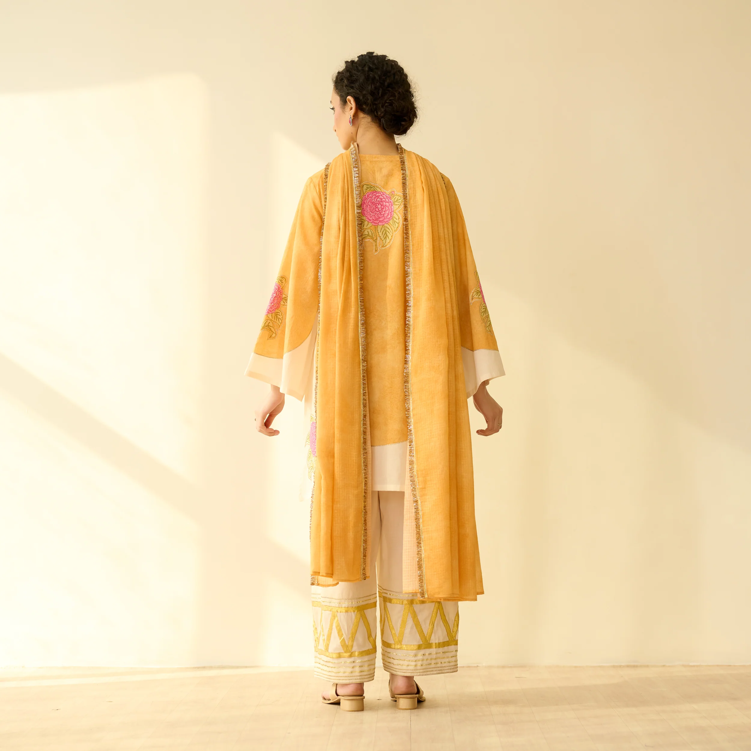 Gulabo Semi Festive Mulmul Cotton Salwar Set with Dupatta - Turmeric Yellow - Image 4
