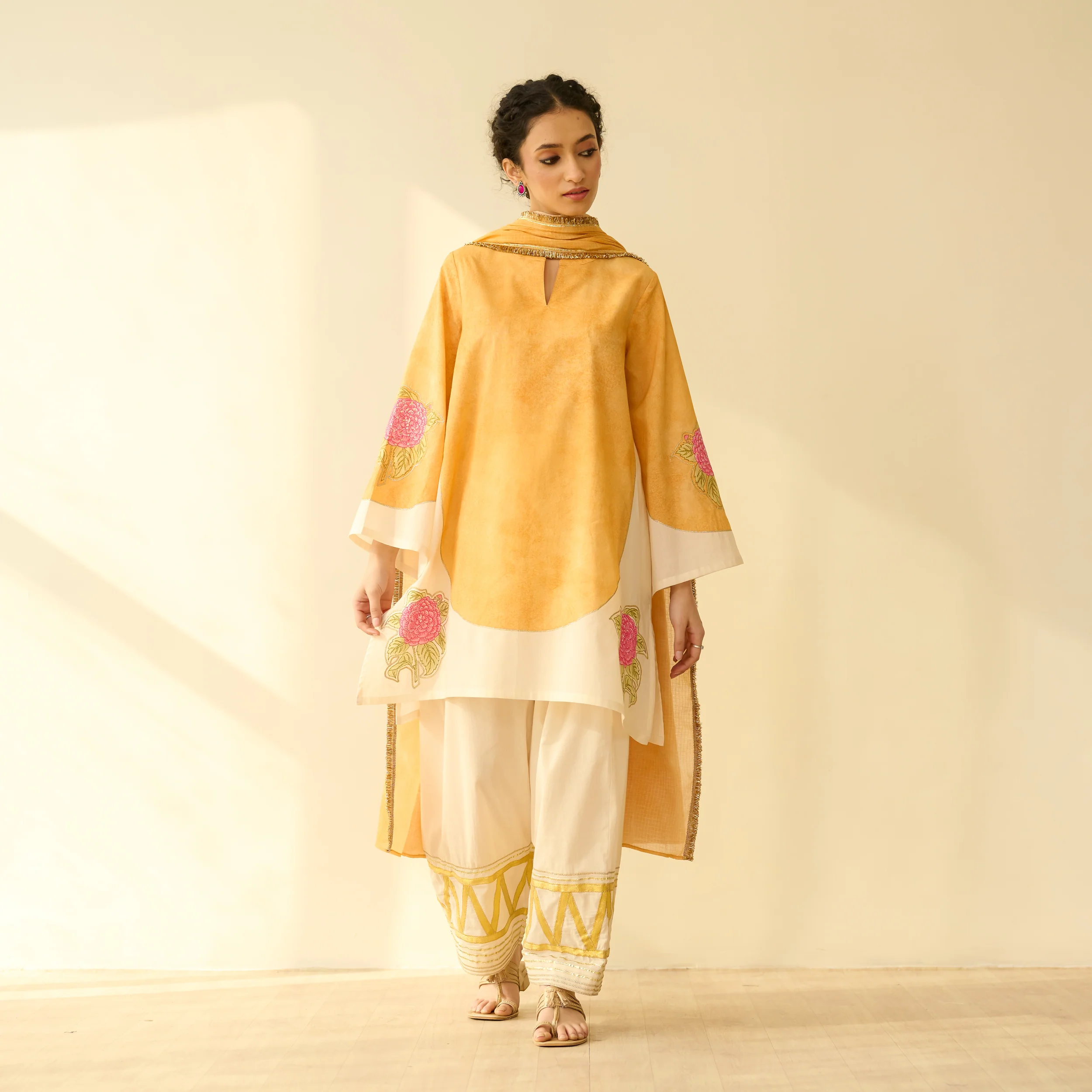 Gulabo Semi Festive Mulmul Cotton Salwar Set with Dupatta - Turmeric Yellow - Image 5