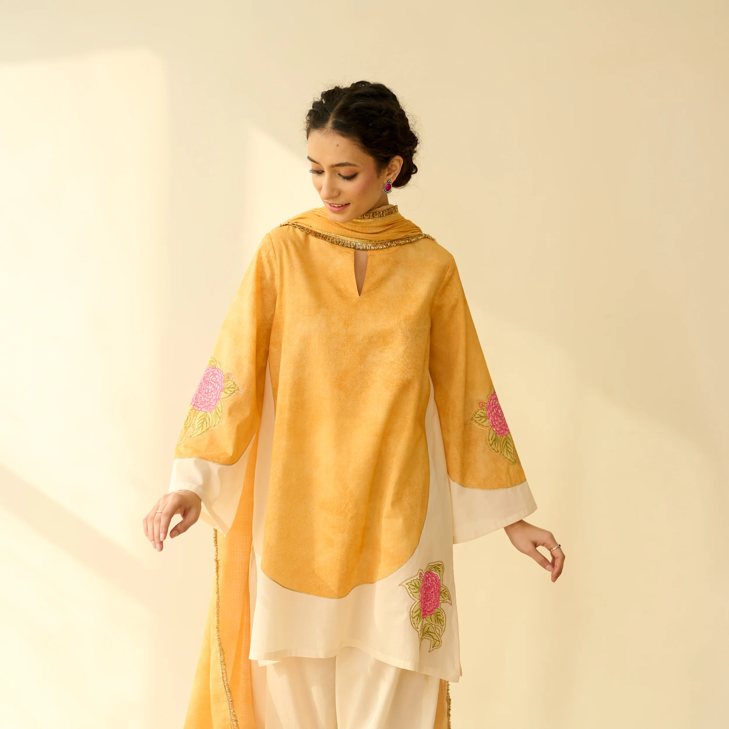 Gulabo Semi Festive Mulmul Cotton Salwar Set with Dupatta - Turmeric Yellow - Image 6