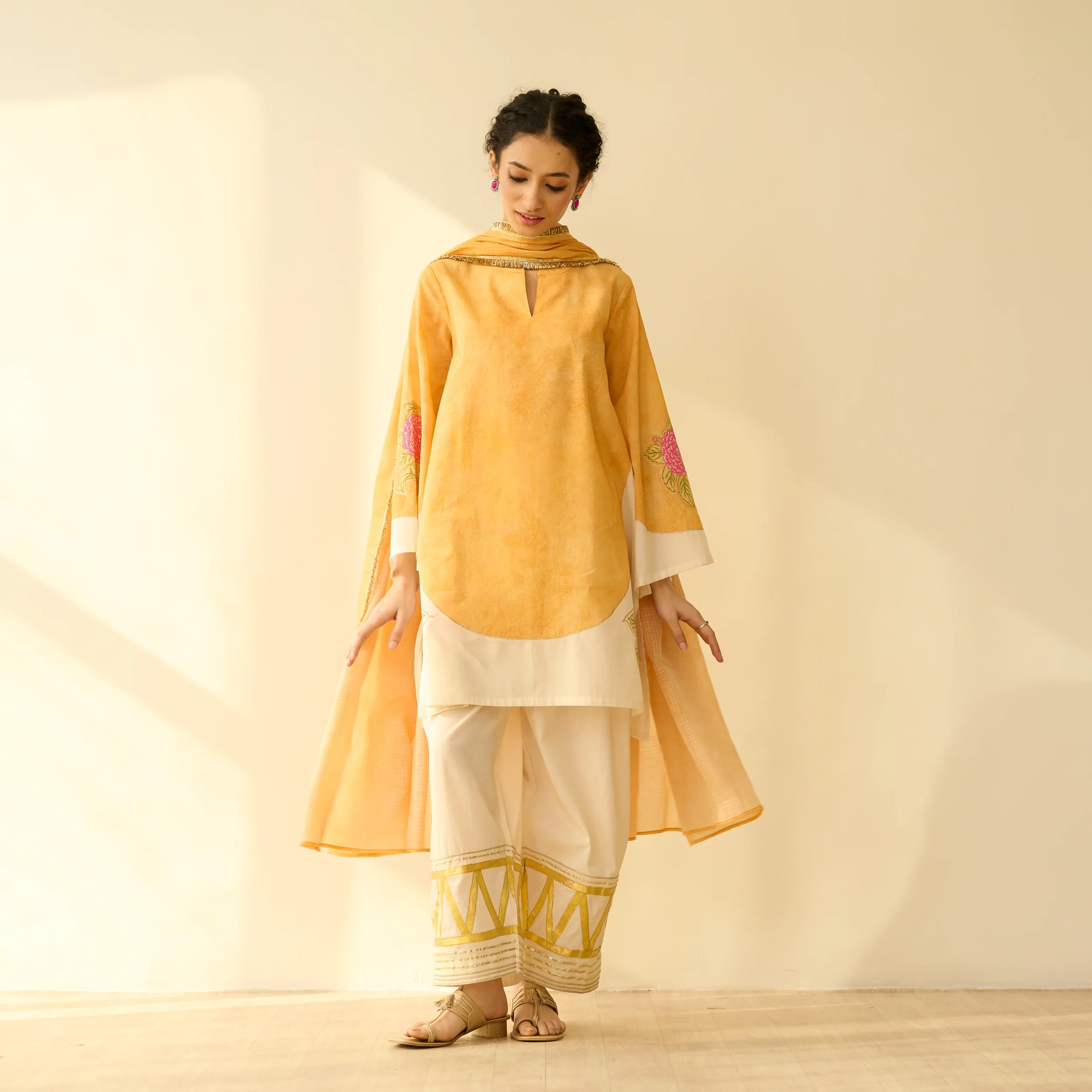 Gulabo Semi Festive Mulmul Cotton Salwar Set with Dupatta - Turmeric Yellow - Image 7