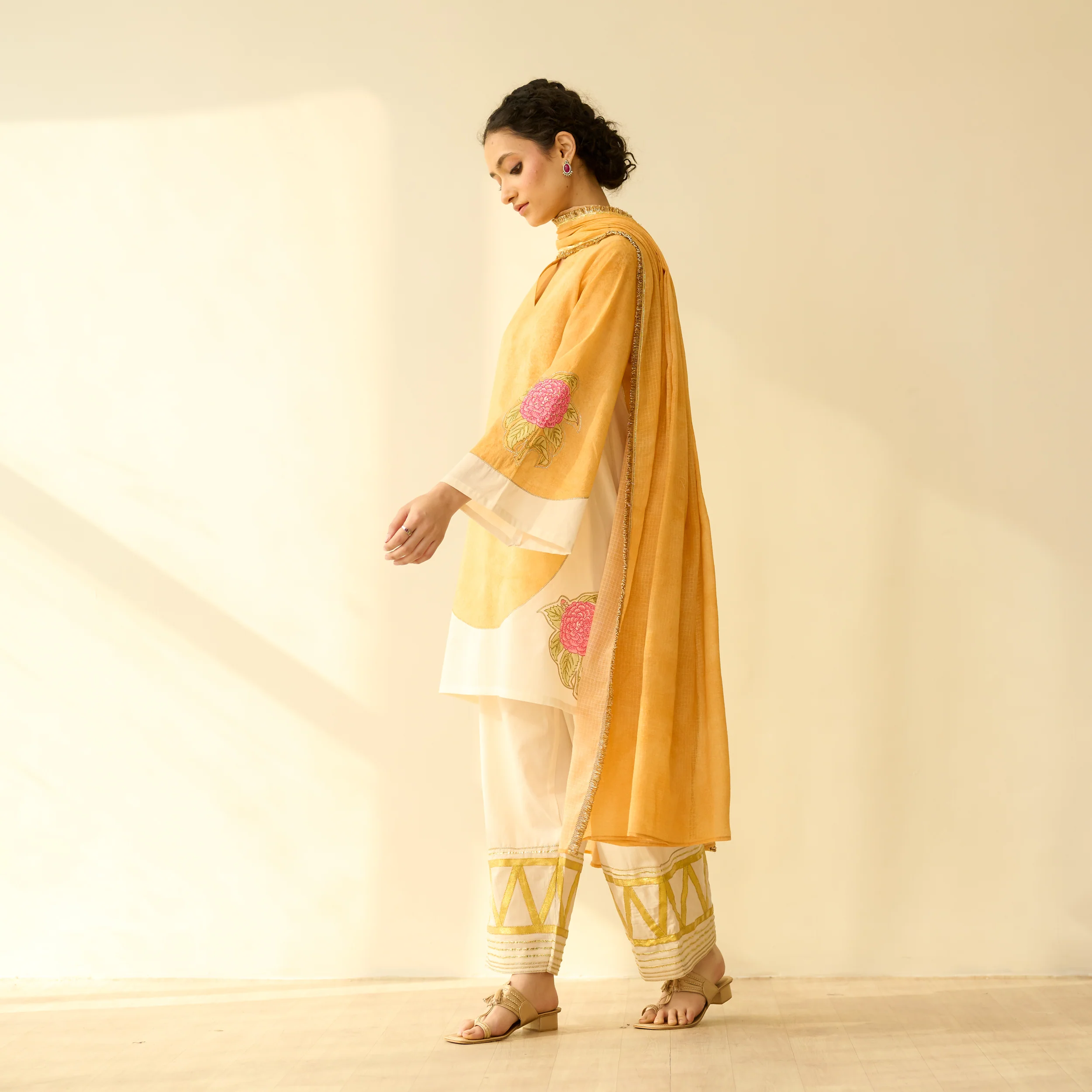 Gulabo Semi Festive Mulmul Cotton Salwar Set with Dupatta - Turmeric Yellow - Image 8