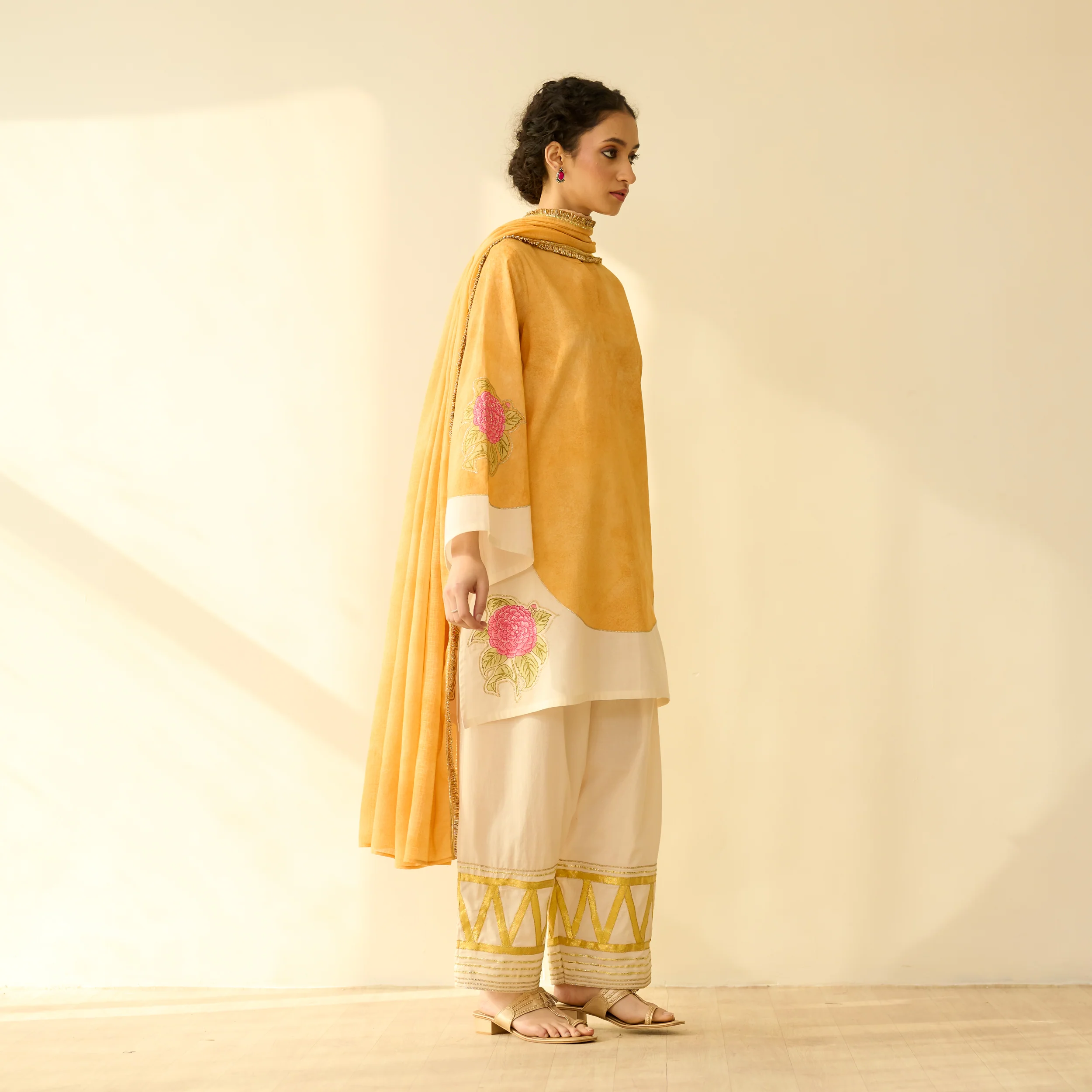 Gulabo Semi Festive Mulmul Cotton Salwar Set with Dupatta - Turmeric Yellow - Image 9