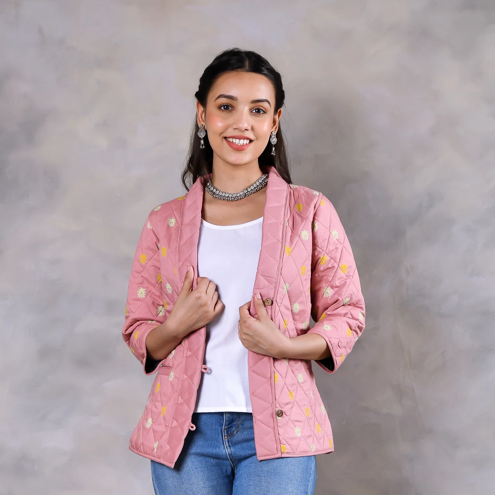 Gulmohar Baby Pink Quilted Jacket - Image 2