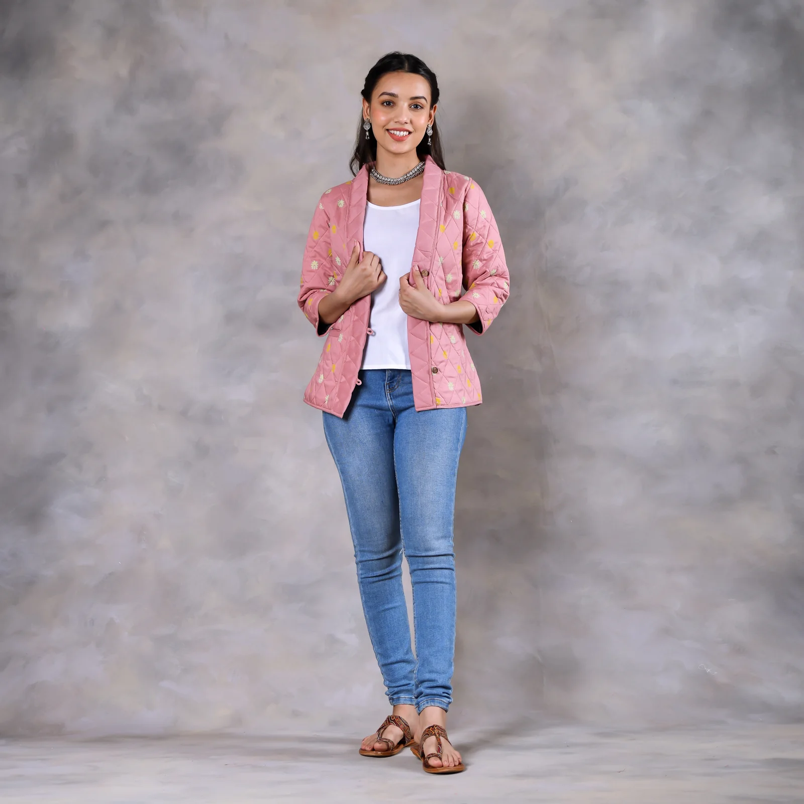 Gulmohar Baby Pink Quilted Jacket - Image 3