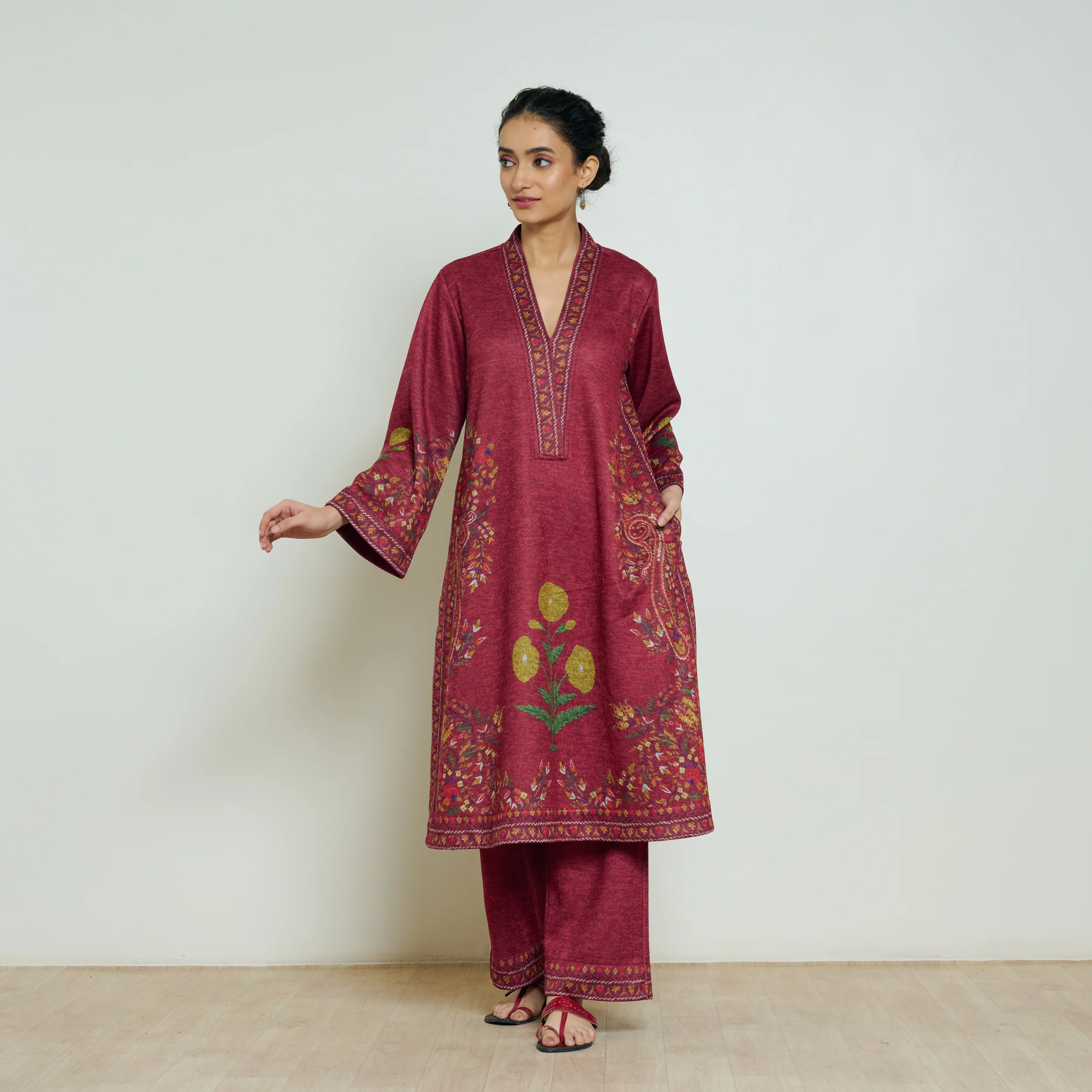 Gulmohar Woollen Kurta Set - Brick Red