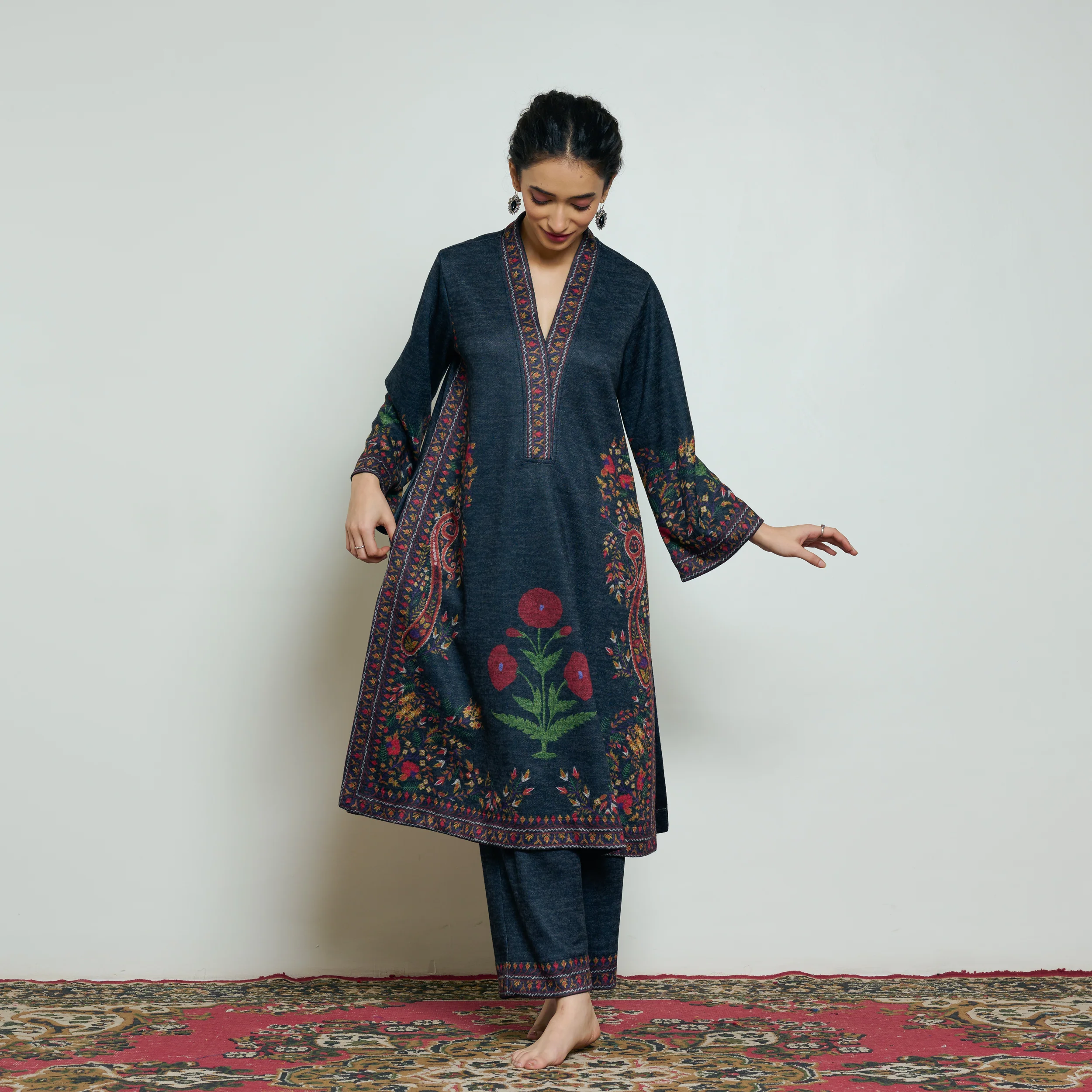 Gulmohar Woollen Kurta Set - Charcoal
