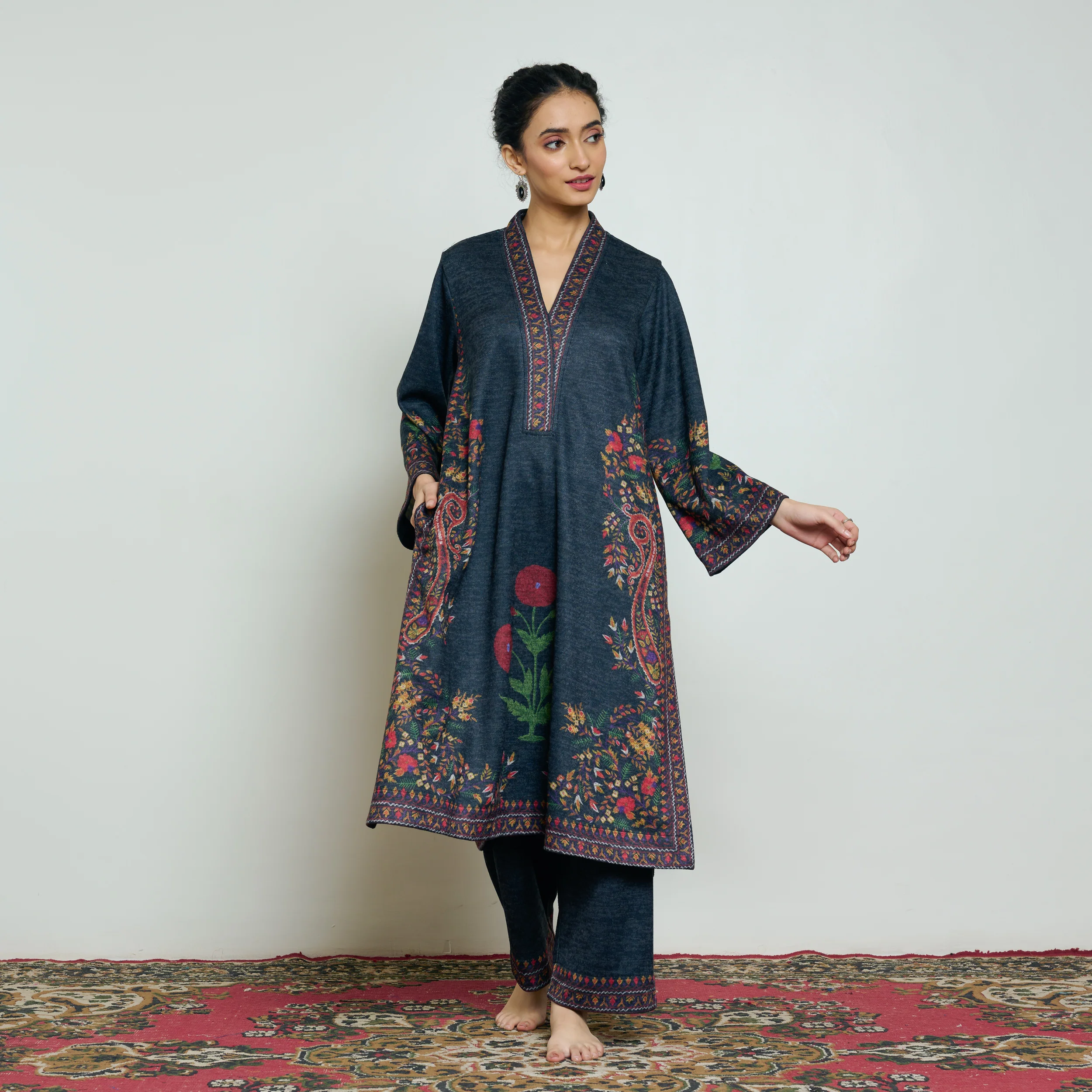 Gulmohar Woollen Kurta Set - Charcoal - Image 6