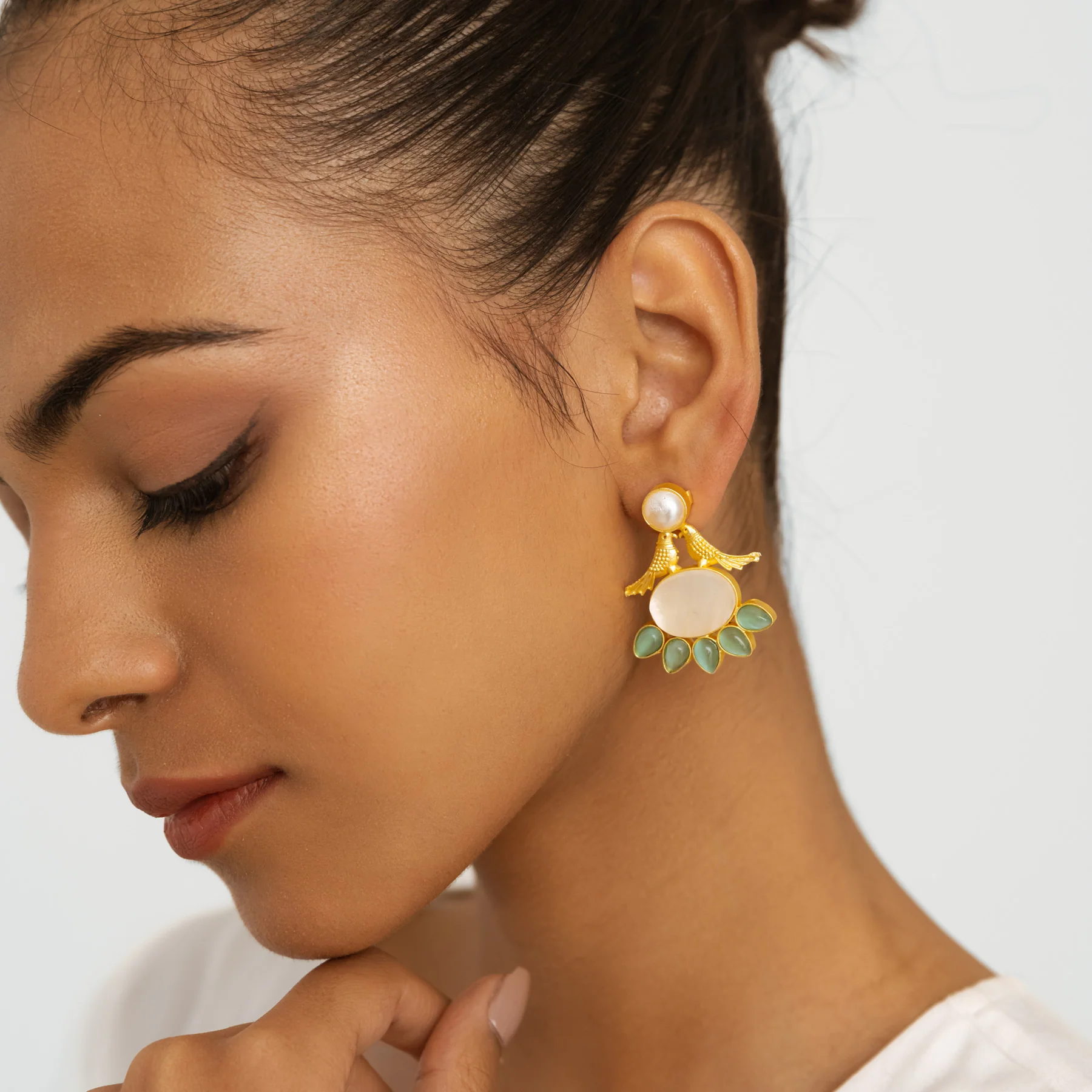 Half Flora Blue Petal Earrings - Gold - Image 2