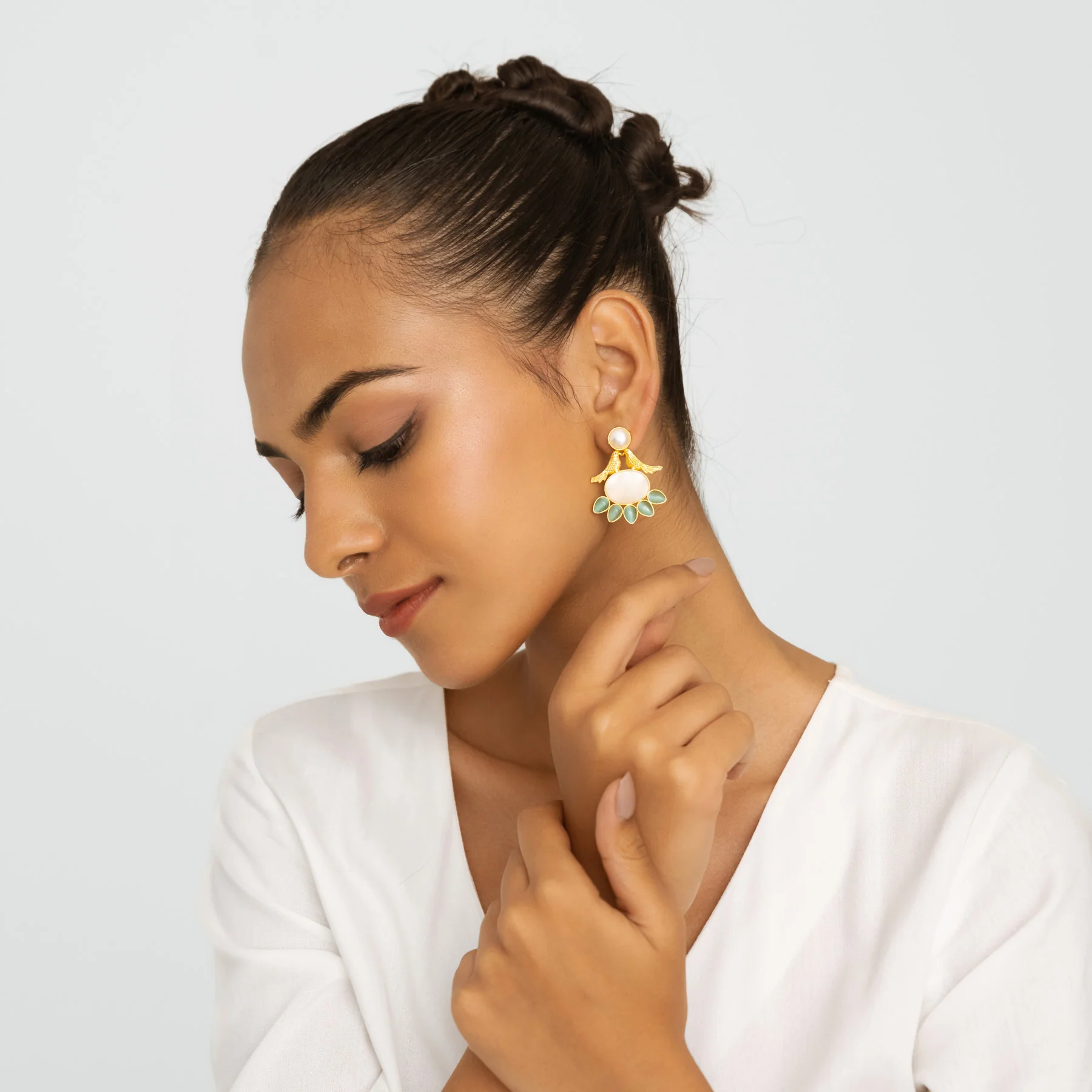 Half Flora Blue Petal Earrings - Gold - Image 3
