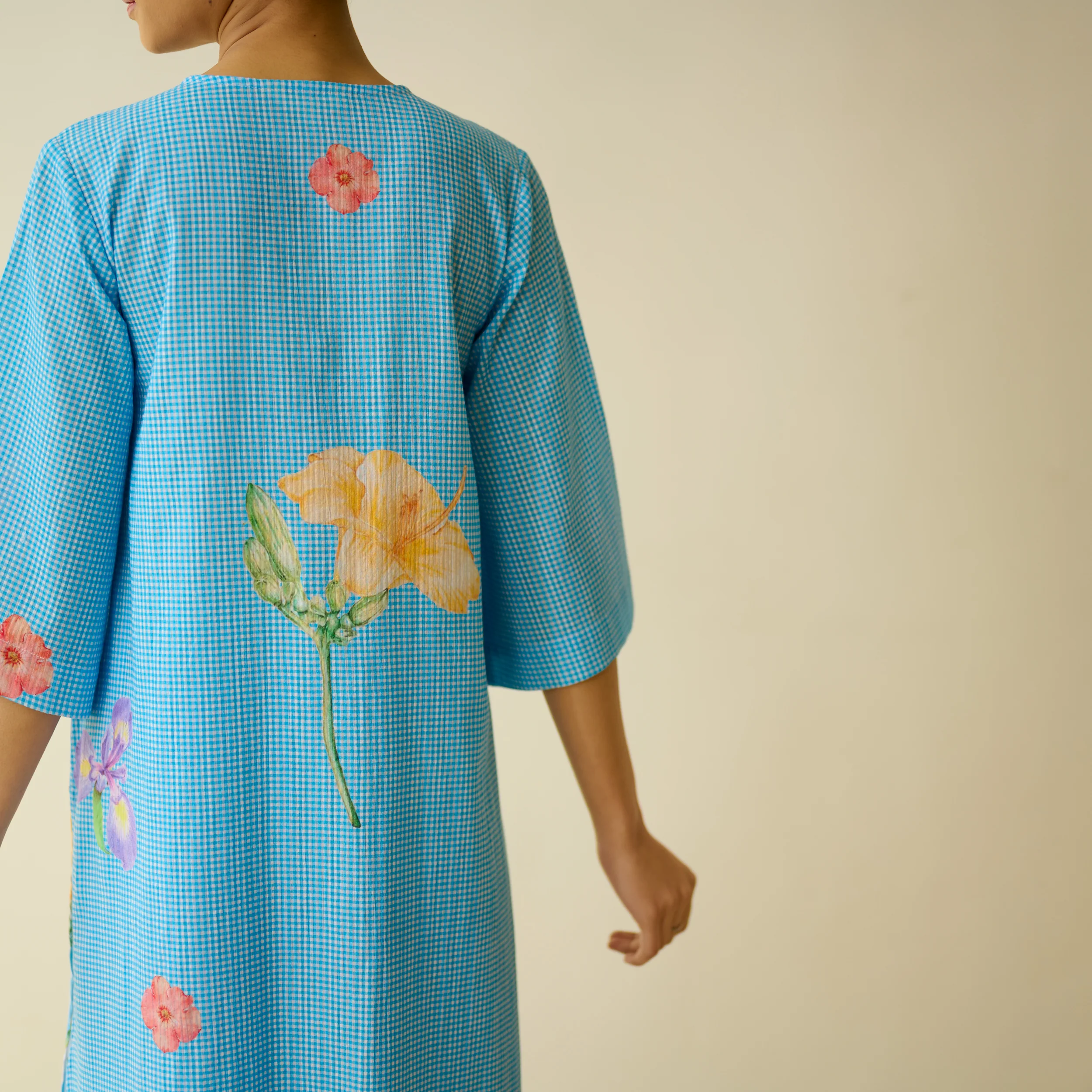 Handpicked Floral Seersucker Cotton Kurta Set - Sky Blue - Image 8