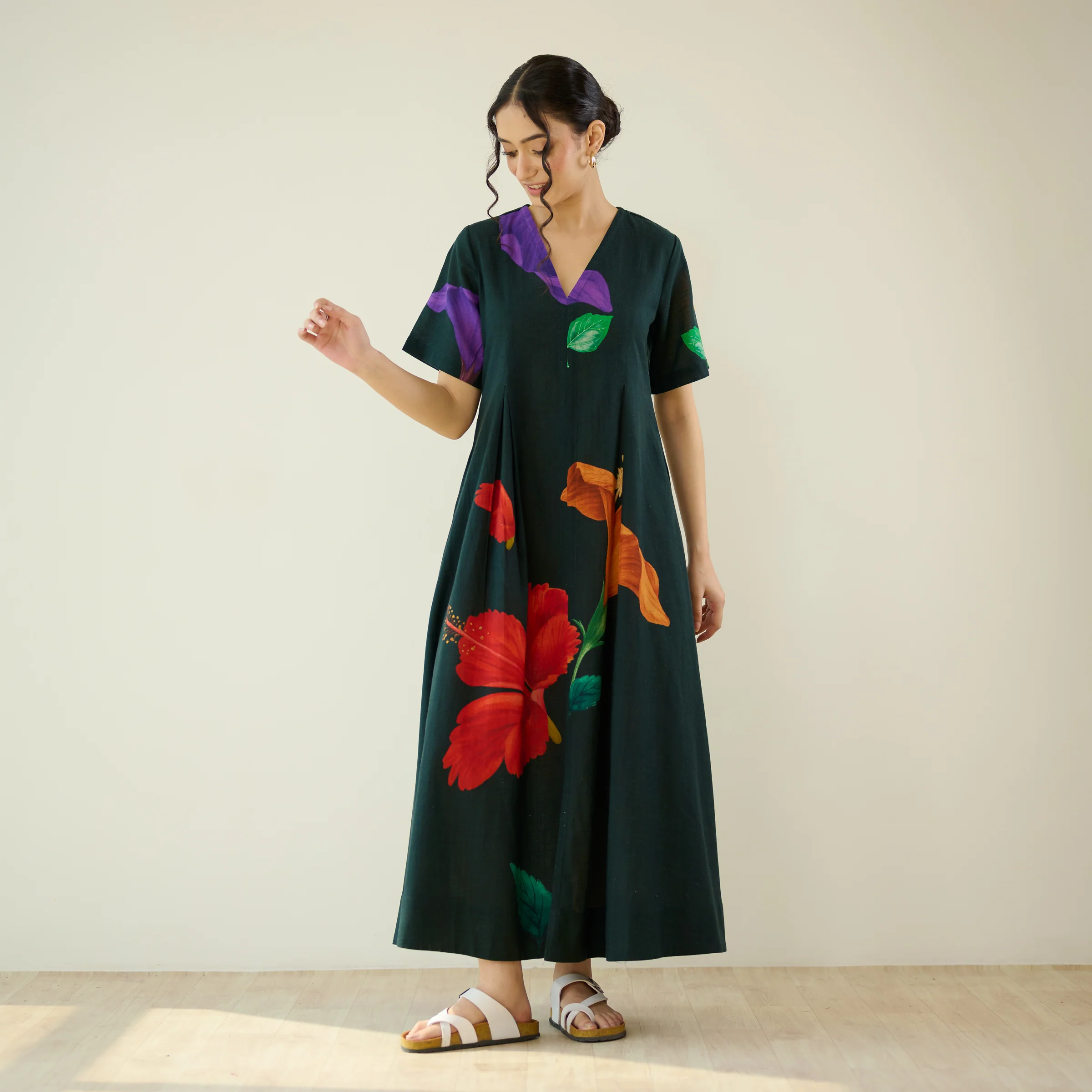 Hibiscus Bloom Cotton Maxi Dress - Emerald Green - Image 8
