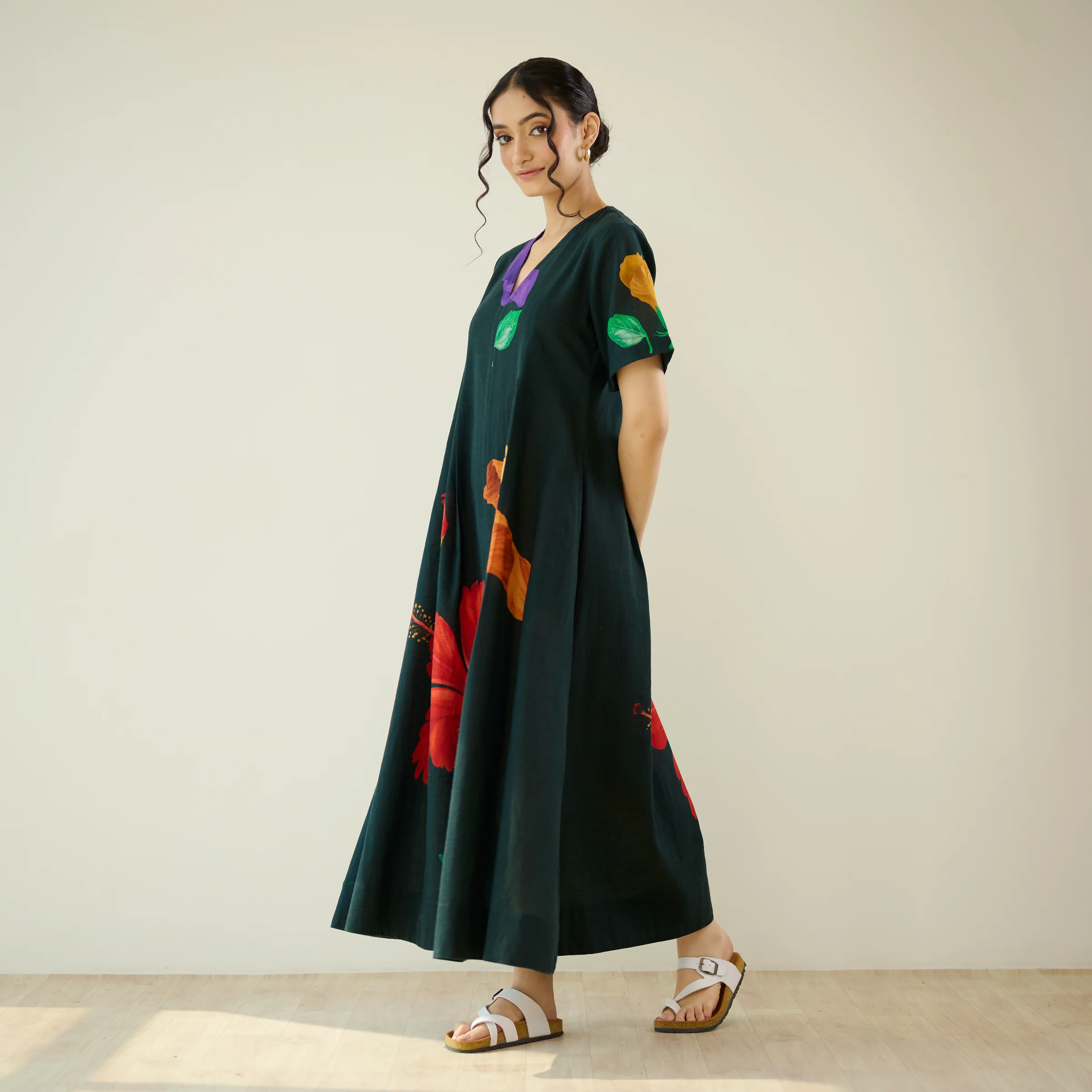 Hibiscus Bloom Cotton Maxi Dress - Emerald Green - Image 9