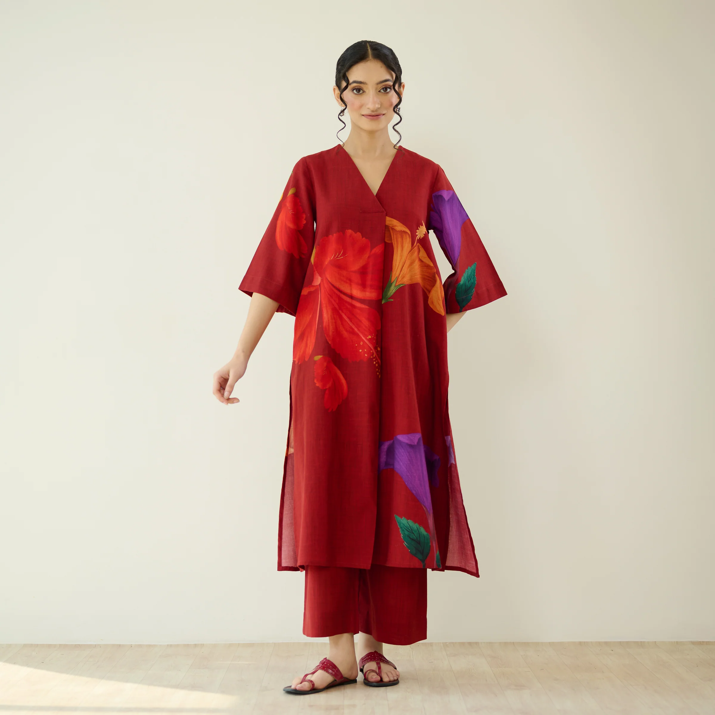 Hibiscus Slub Cotton Kurta Set - Cherry Red