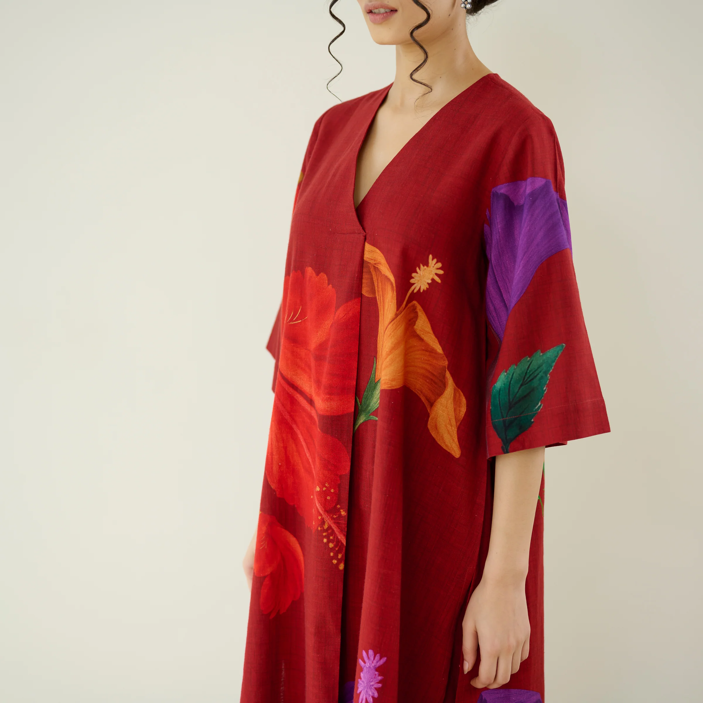 Hibiscus Slub Cotton Kurta Set - Cherry Red - Image 2